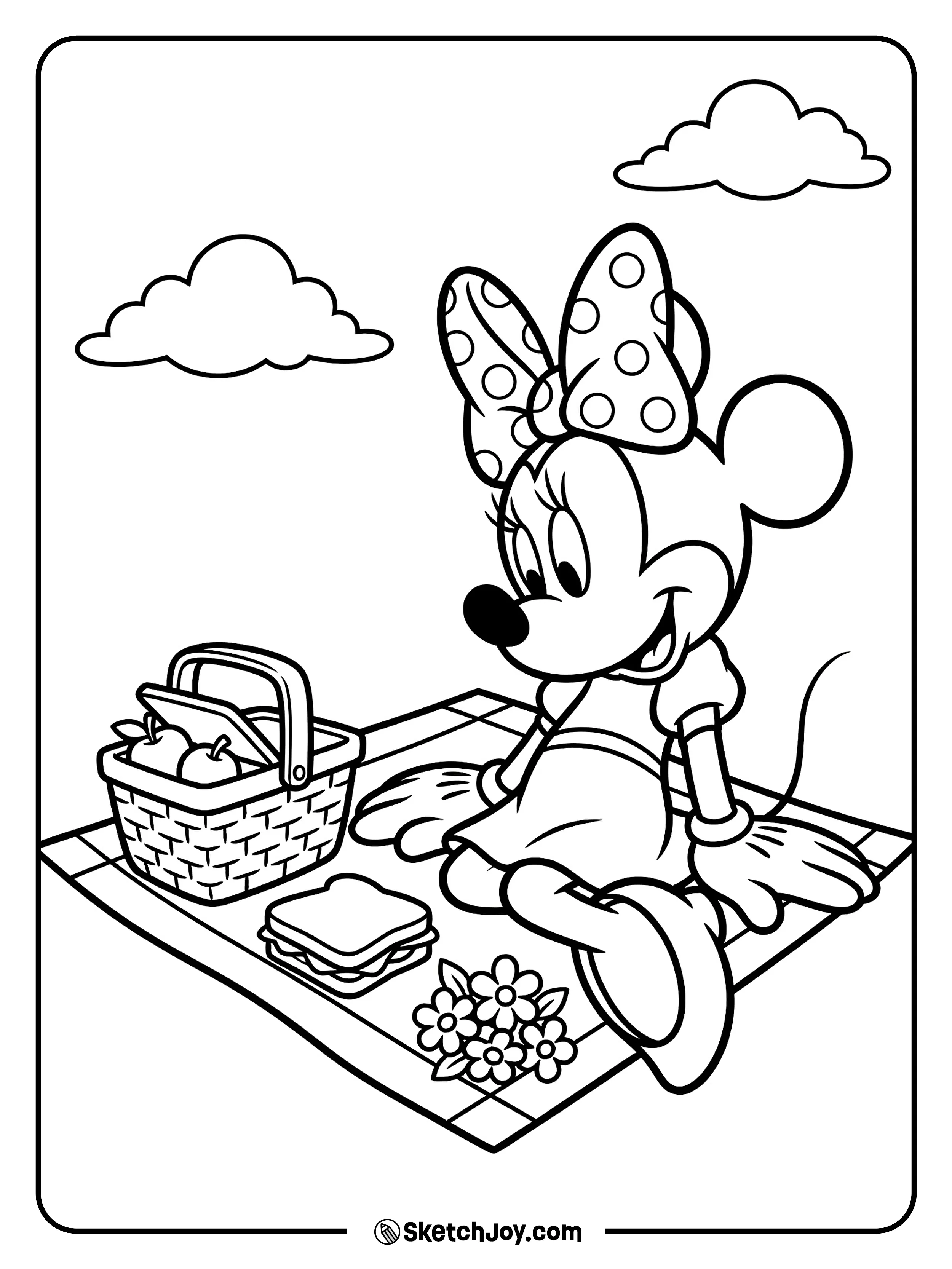 Minnie sits on a blanket with snacks and a sunny mood.