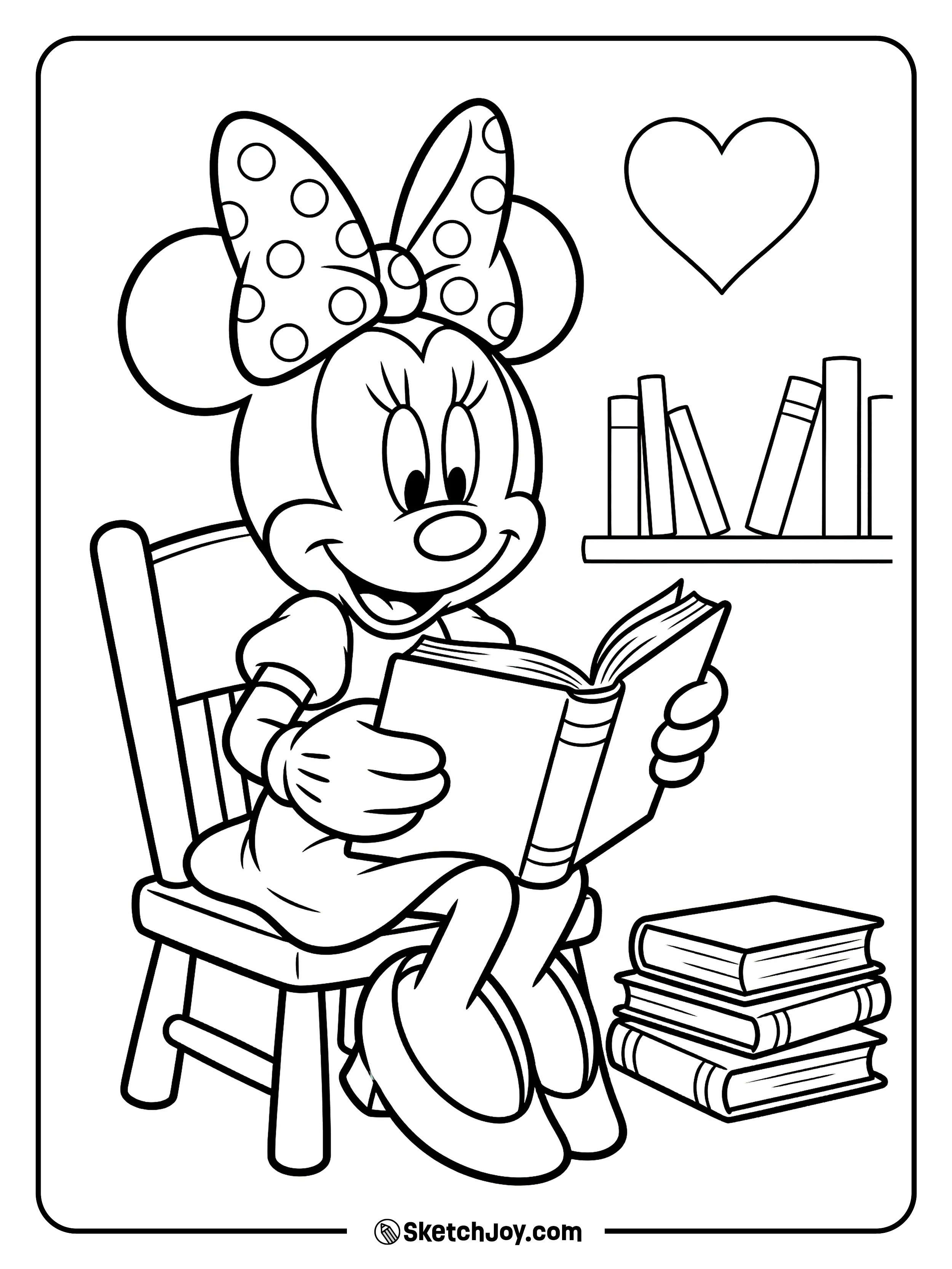 Minnie reads a book with a calm smile.