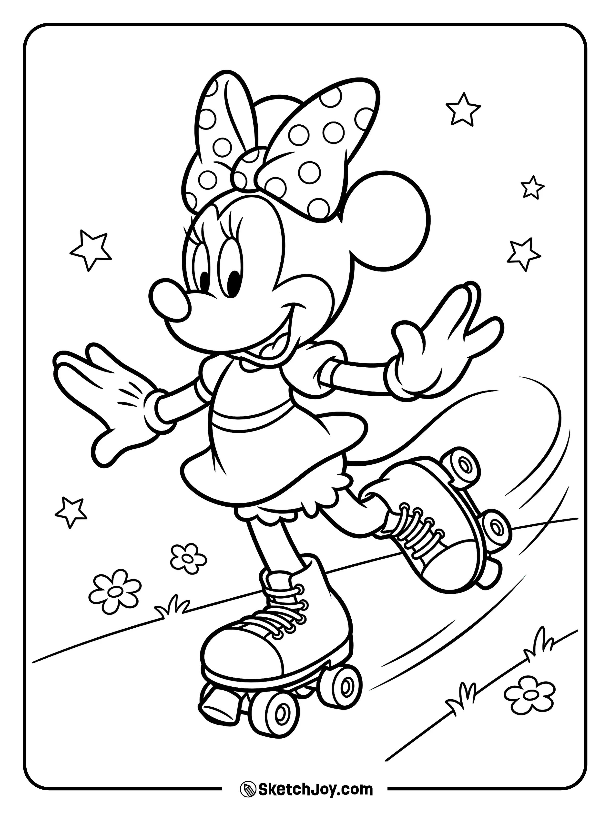 Minnie skates with a big smile and fun motion lines.