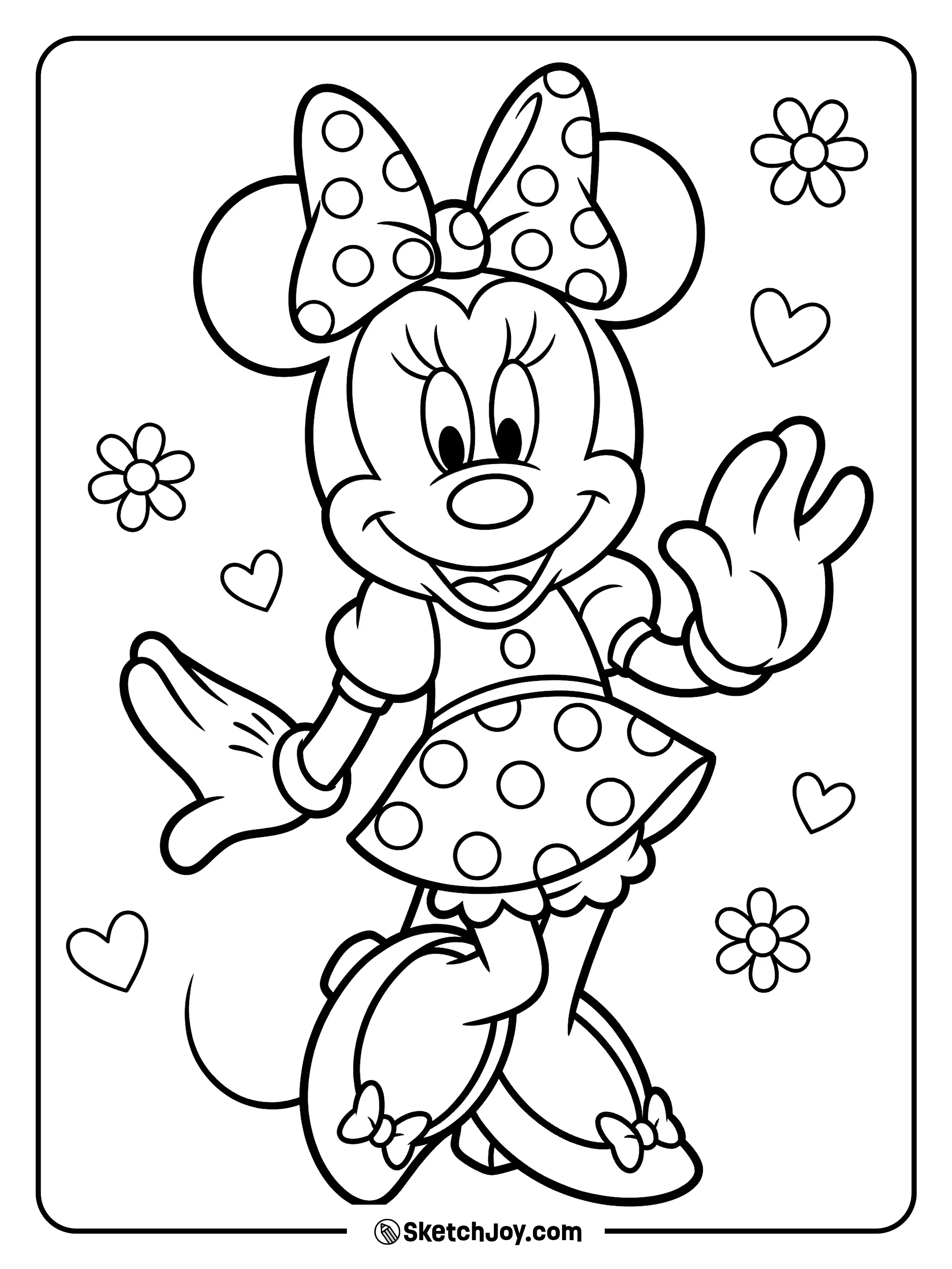 Minnie smiles and waves with her big bow on.