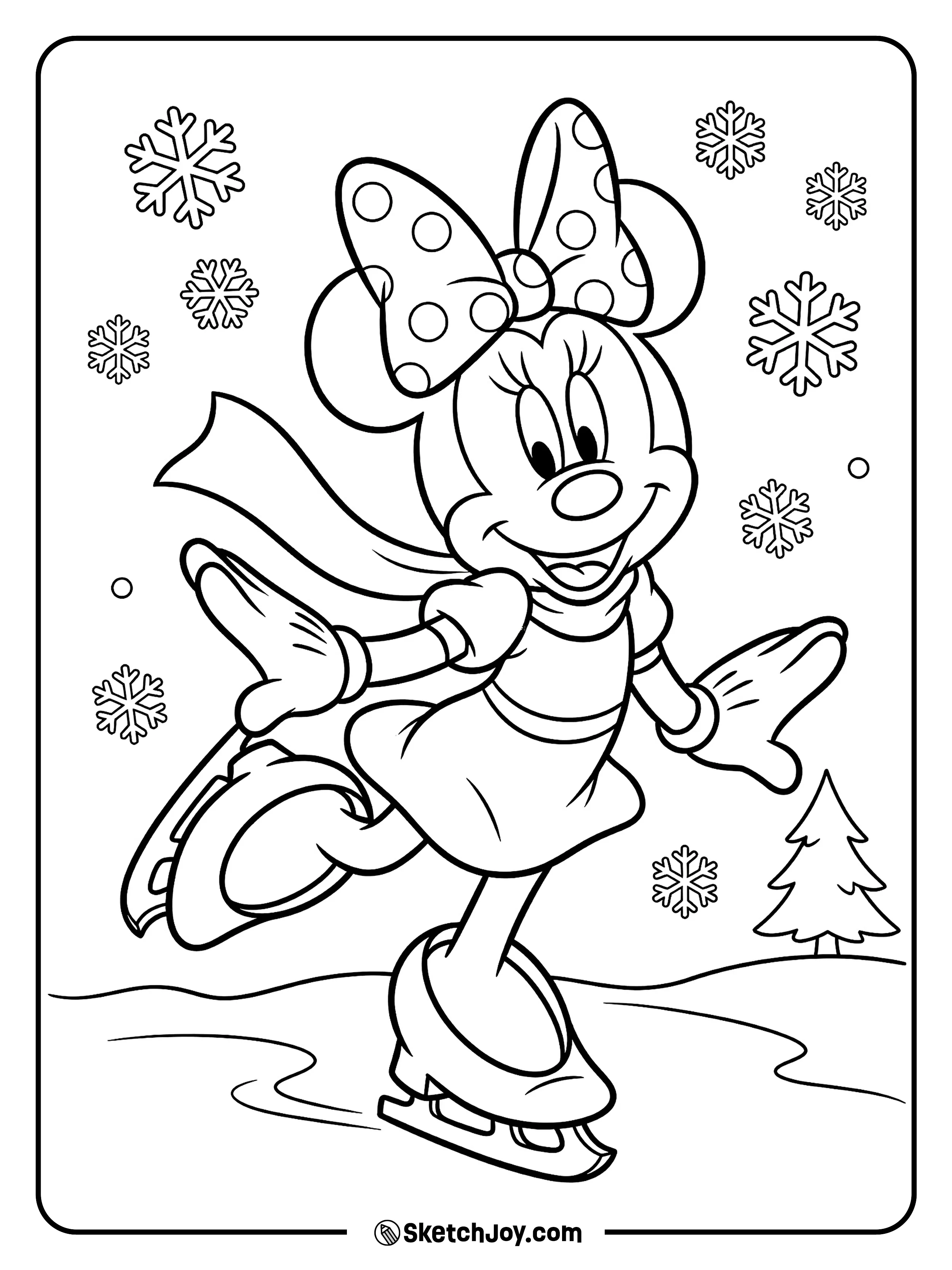 Minnie glides on ice with snowflakes around her.