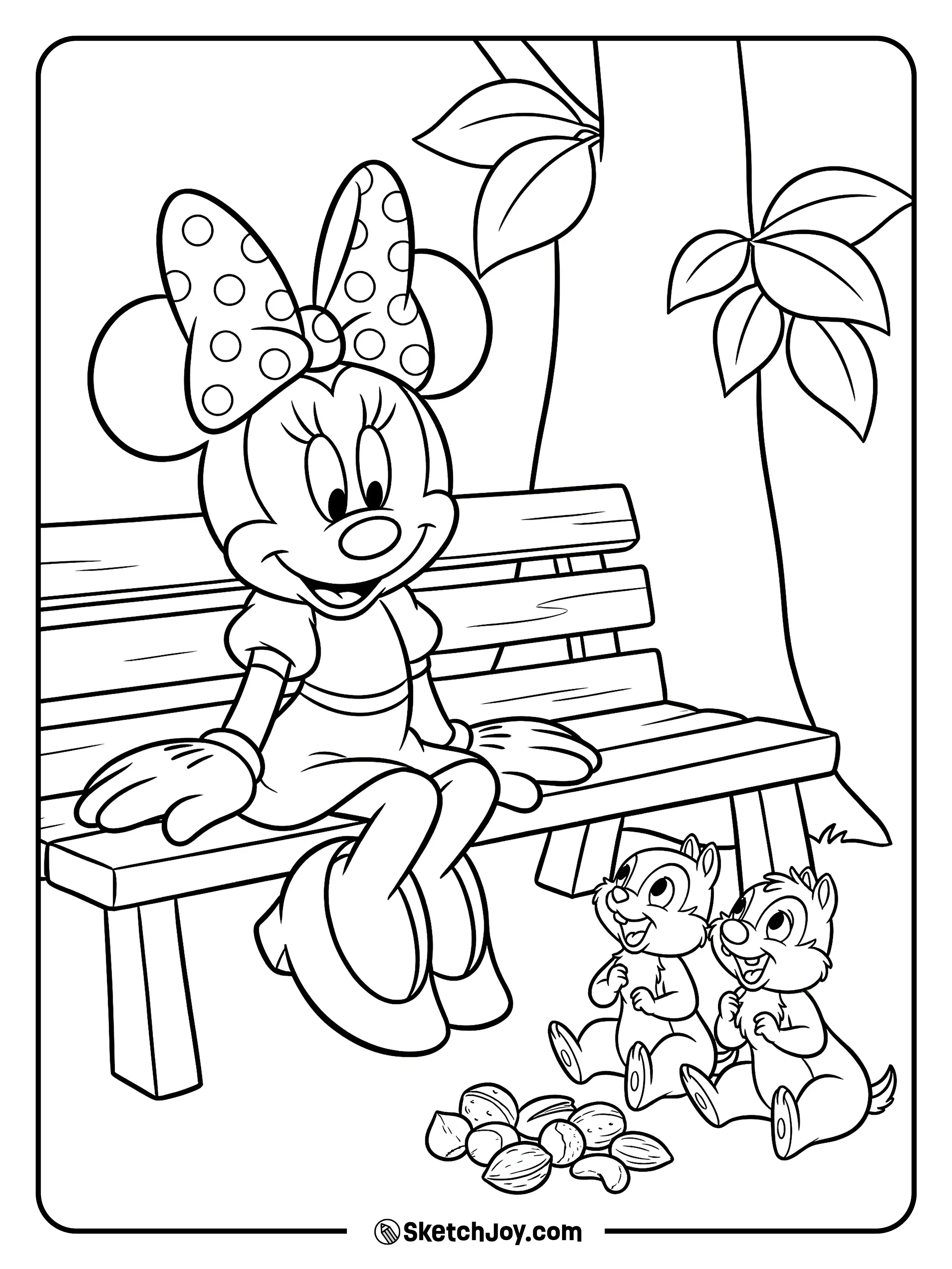 Minnie shares nuts with Chip and Dale on a bench.