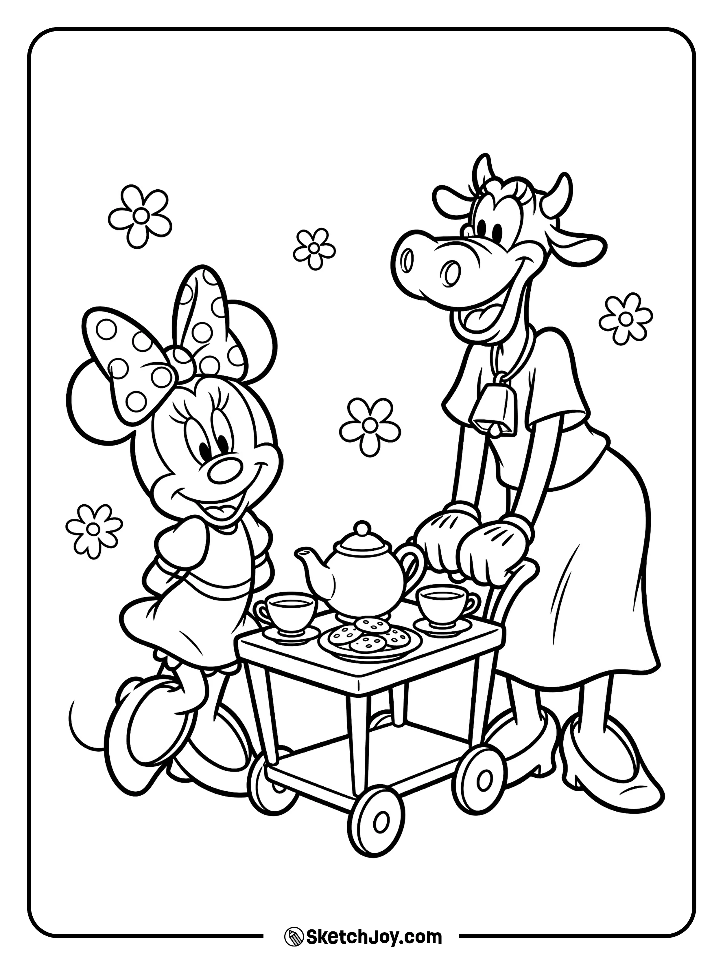 Minnie and Clarabelle set up a tea cart with treats.