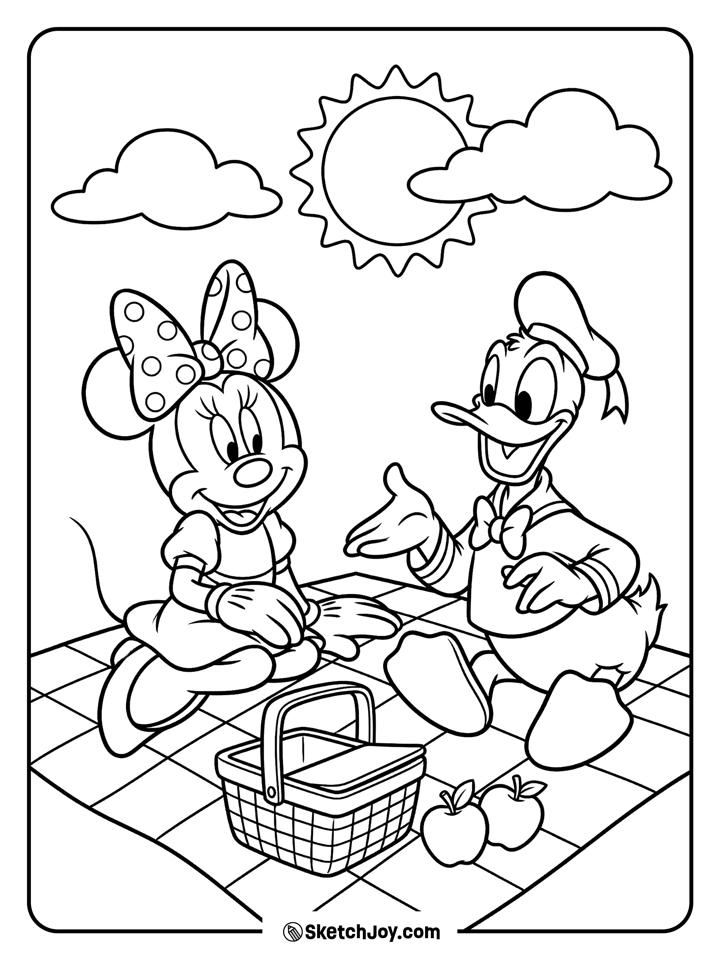 Minnie and Donald share snacks on a blanket.