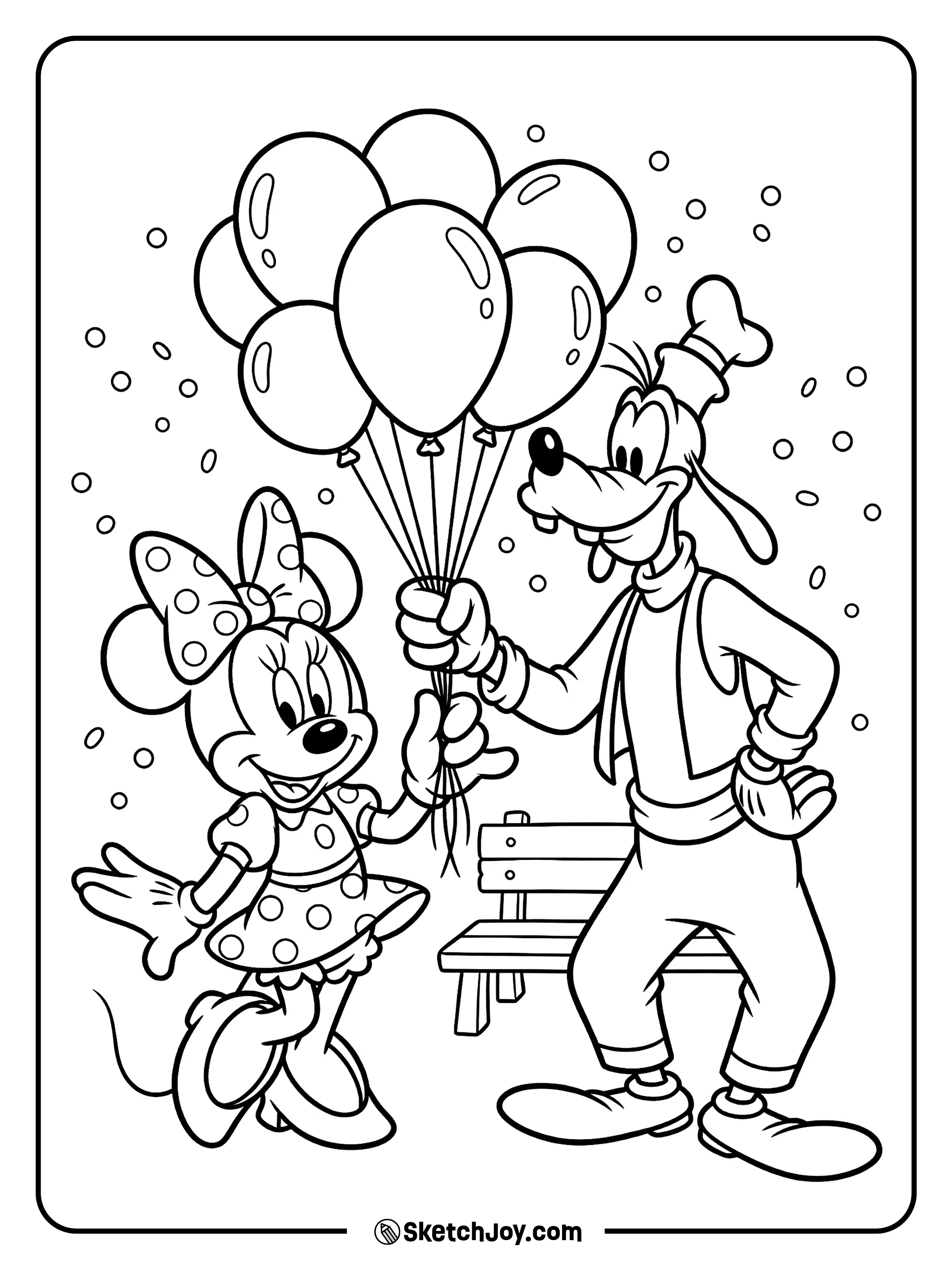 Minnie and Goofy hold balloons with big smiles.
