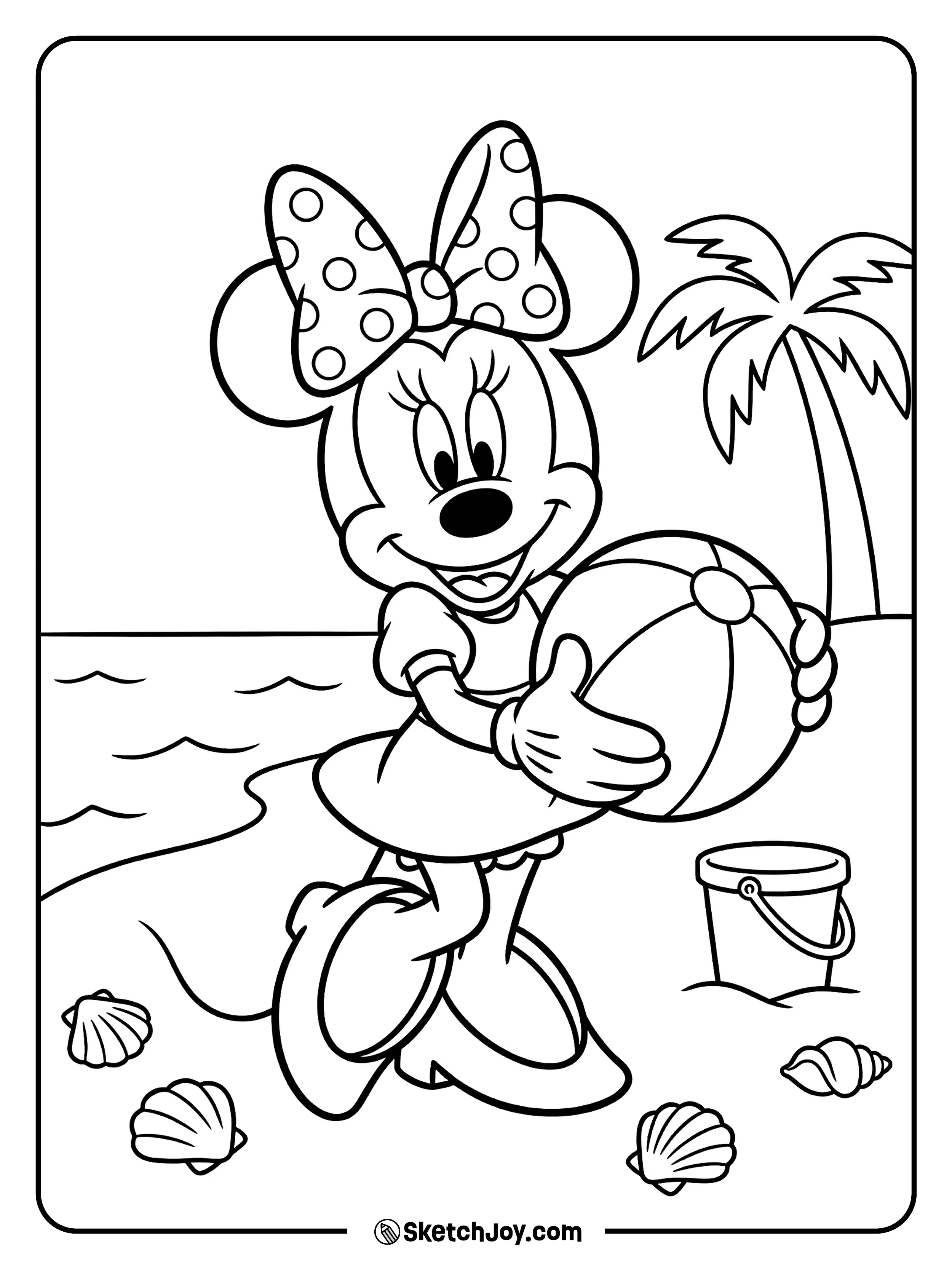 Minnie waves by the water with a beach ball.