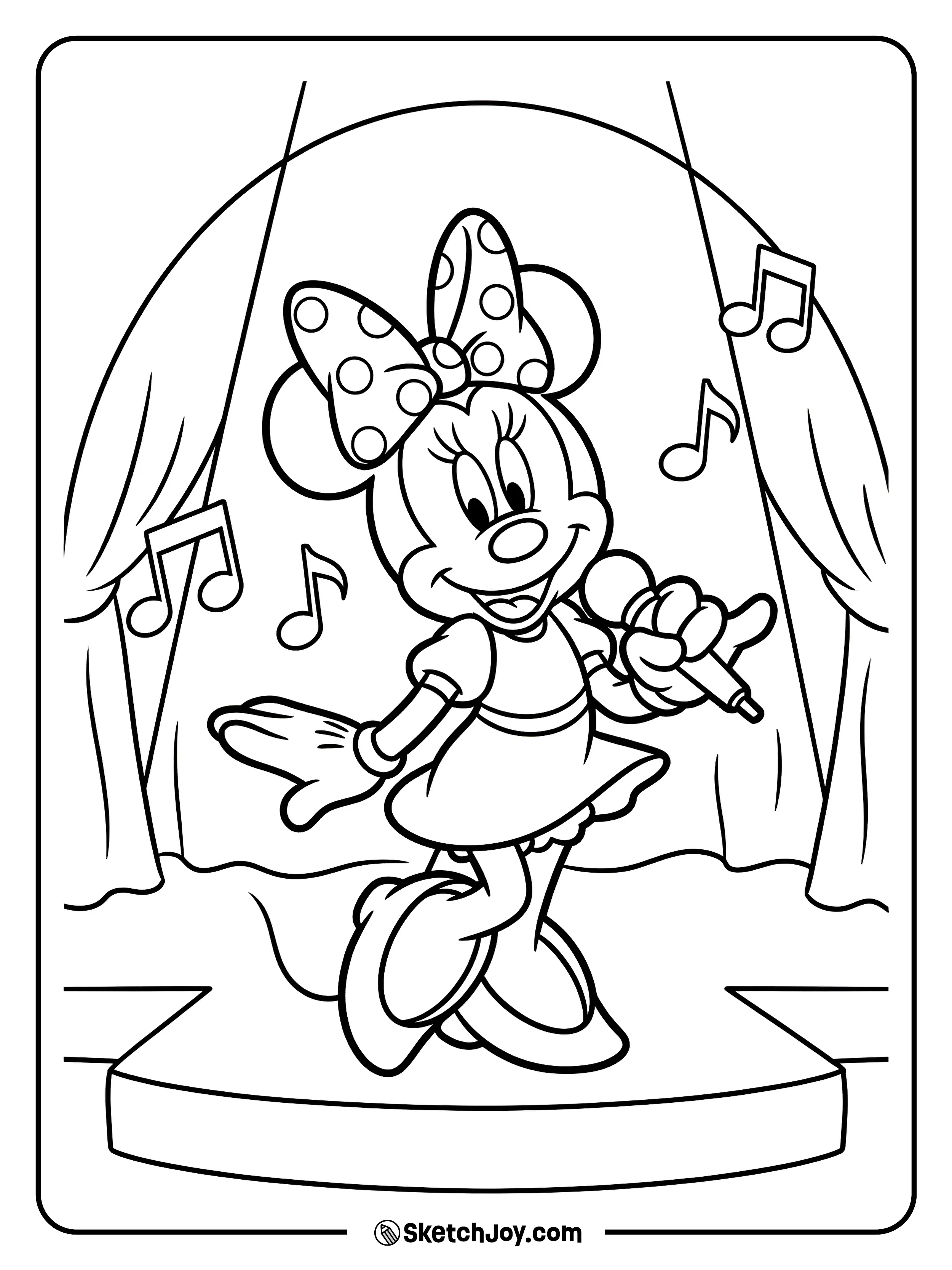 Minnie sings into a mic with music notes around her.