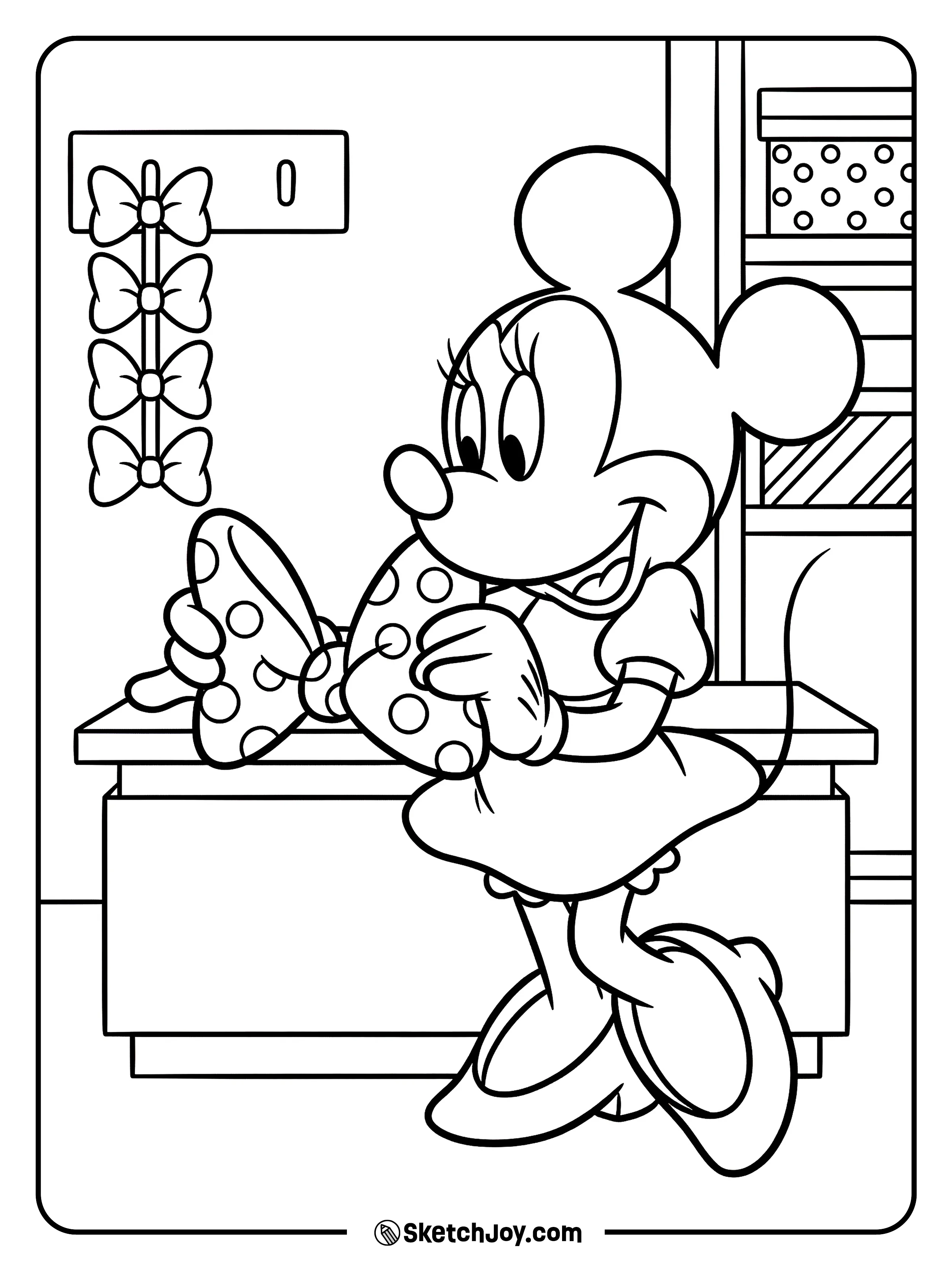 Minnie holds a bow and shows it off like a pro.