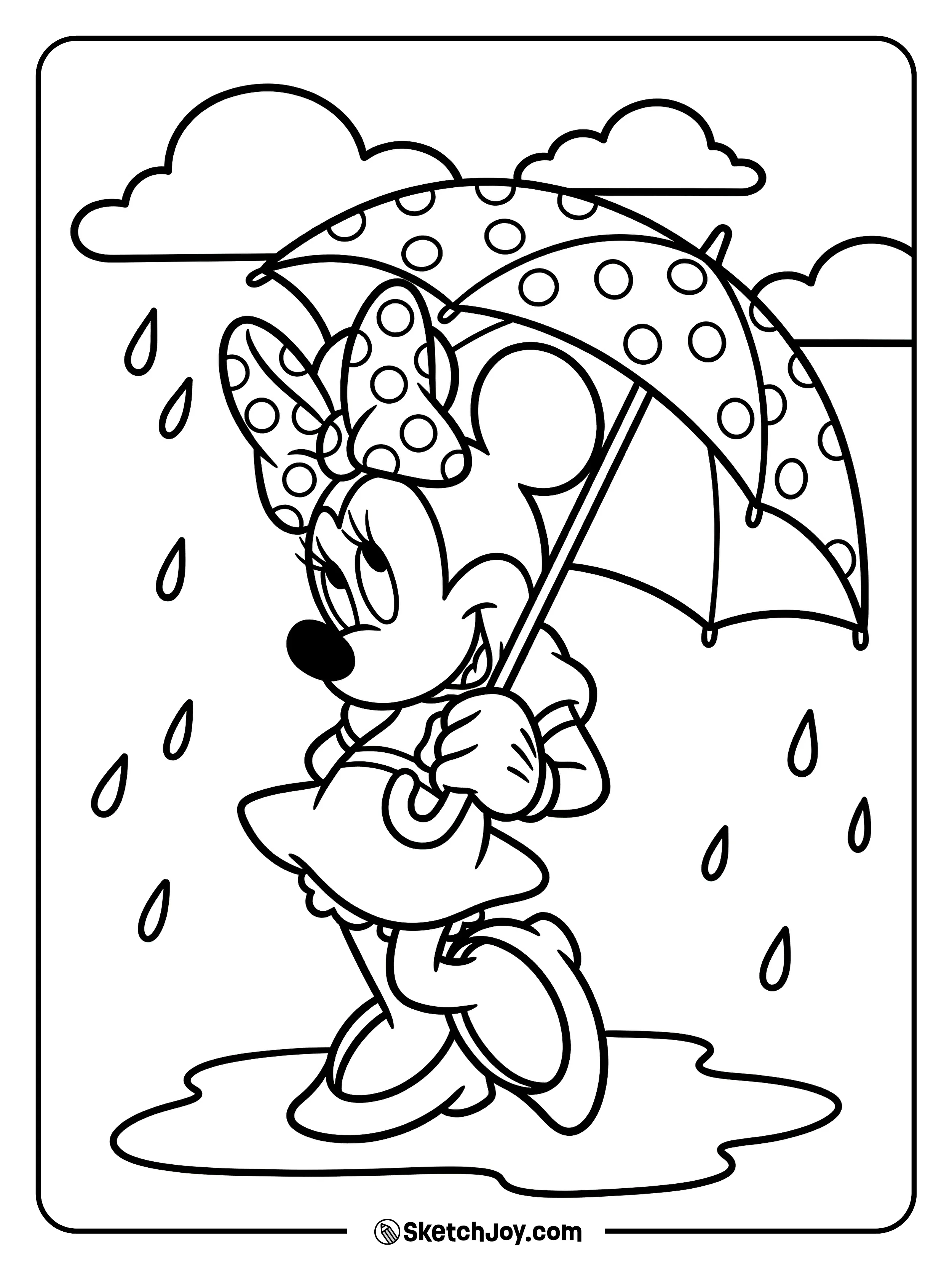 Minnie holds an umbrella with cute raindrops falling.