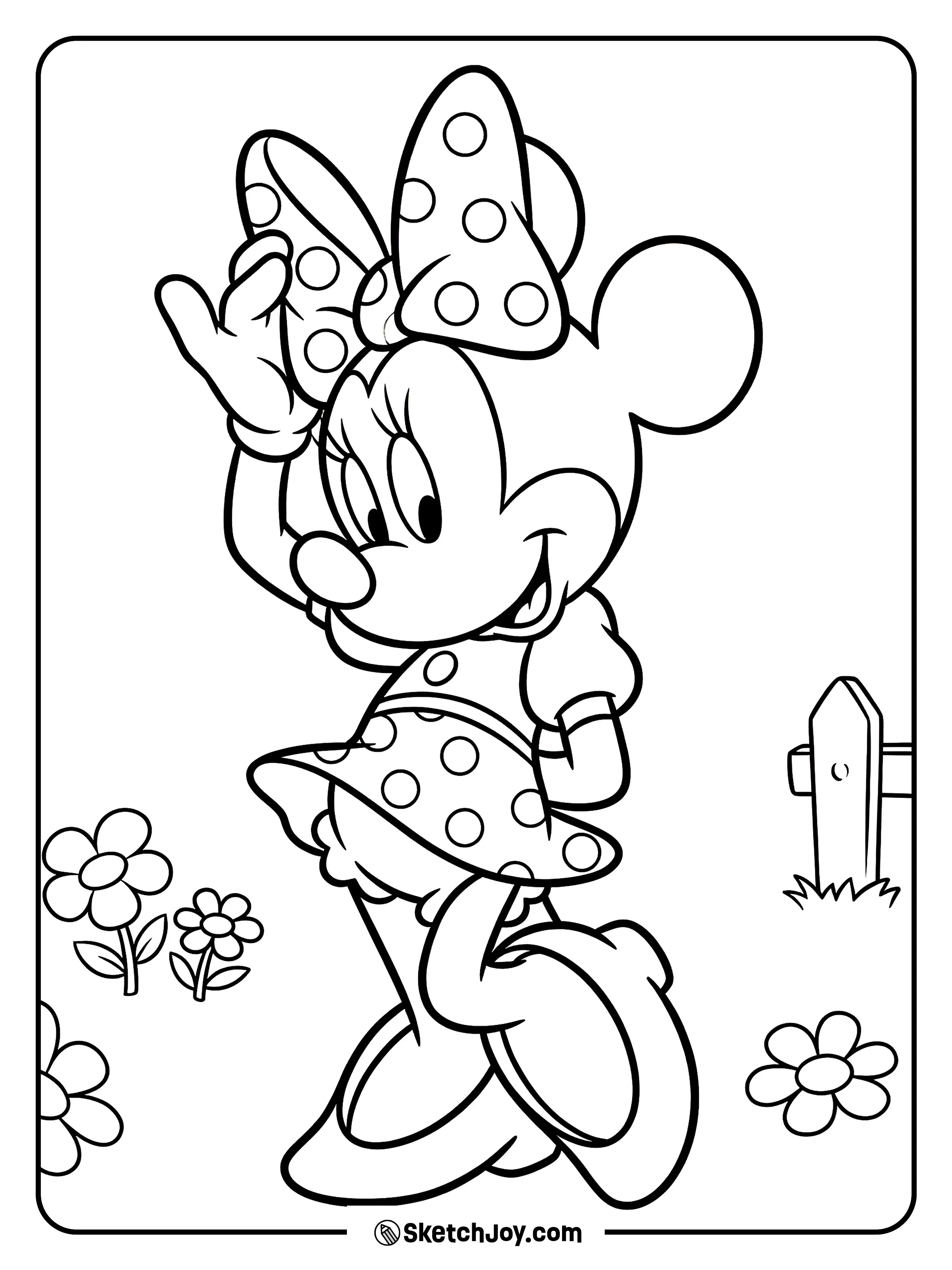 Minnie stands with her bow front and center and a bright smile.