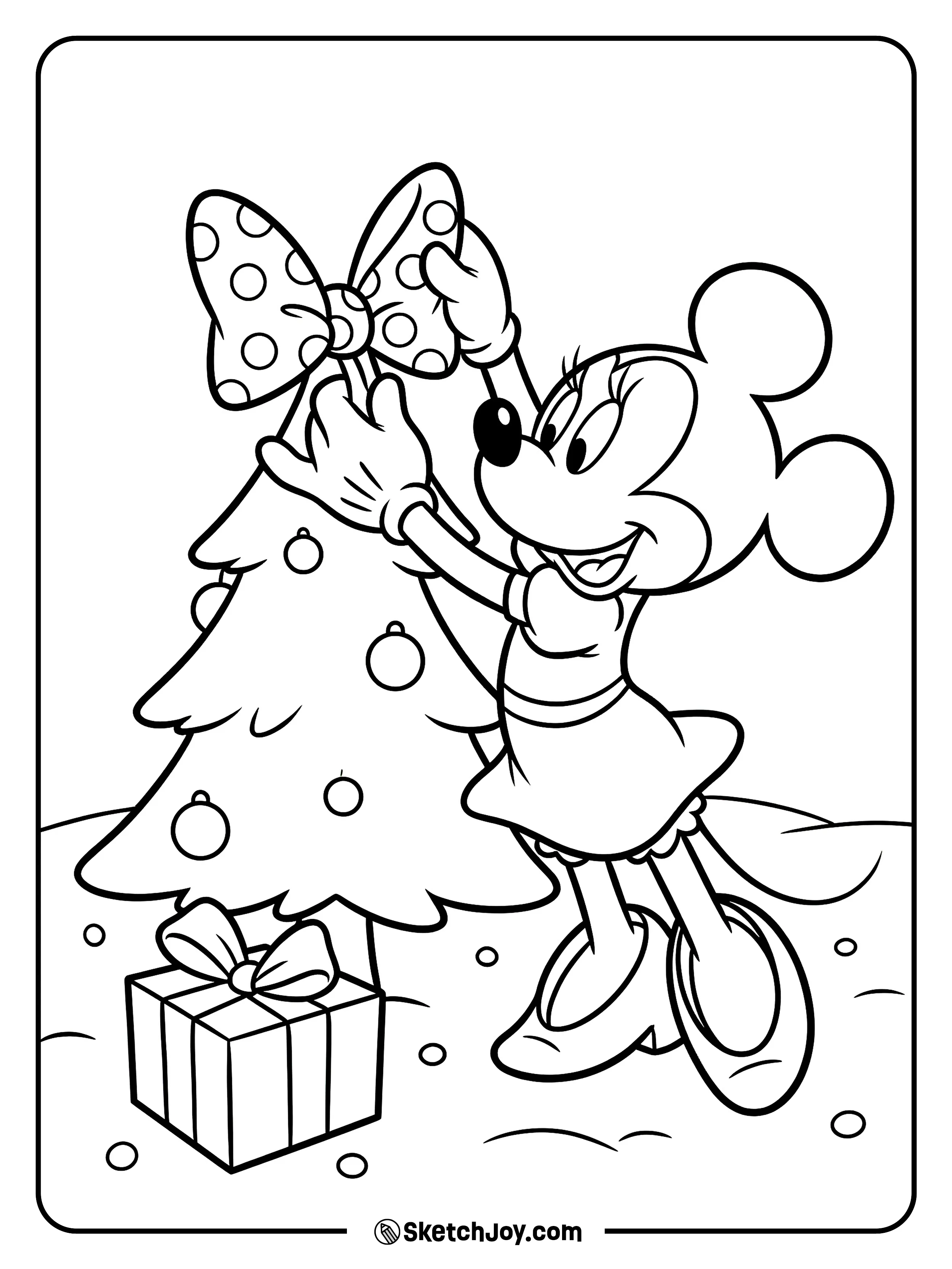 Minnie decorates a tree with a bow on top.