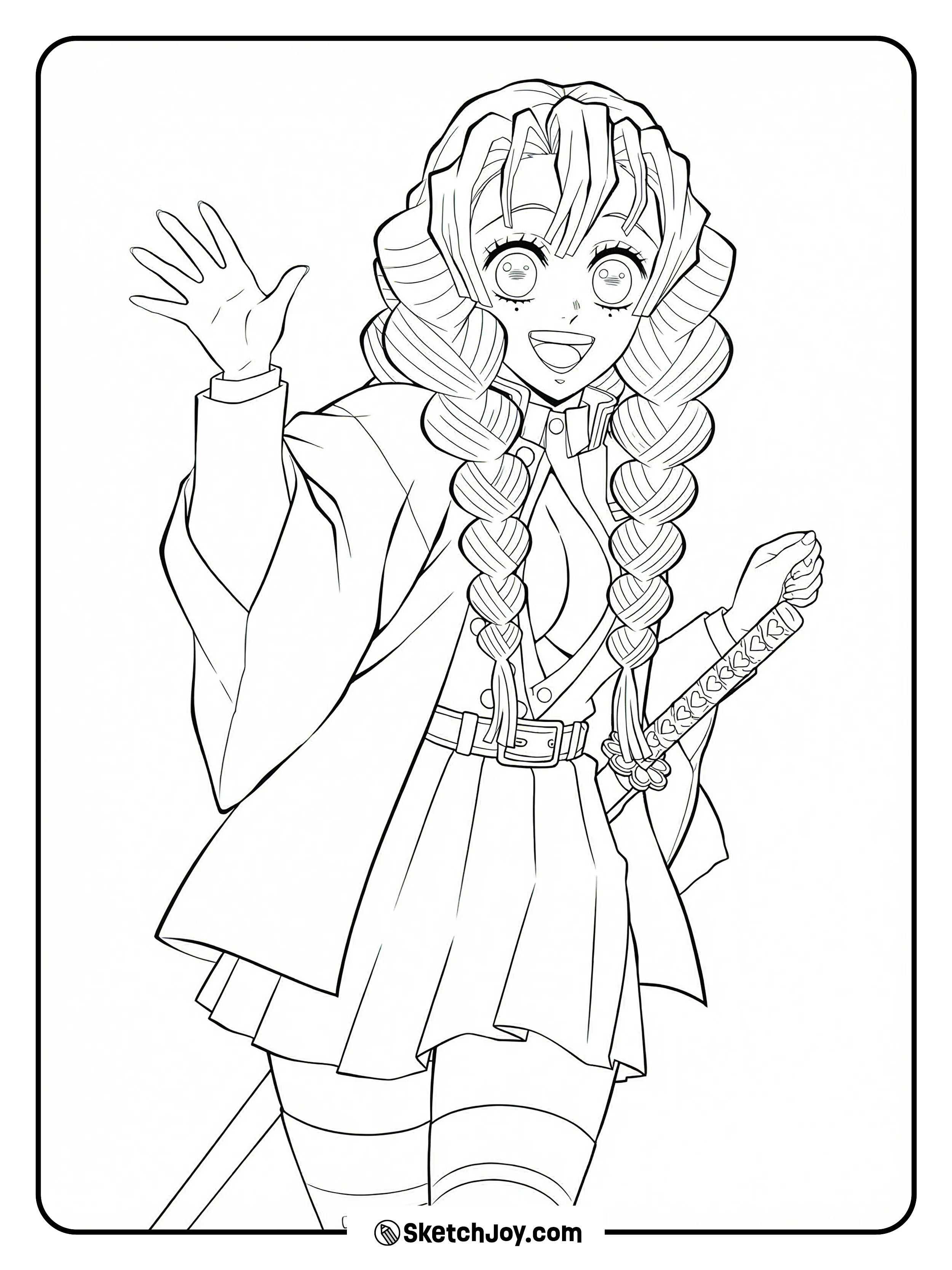 Mitsuri smiles wide and waves, her long heart braids and sword showing her bright and warm style.