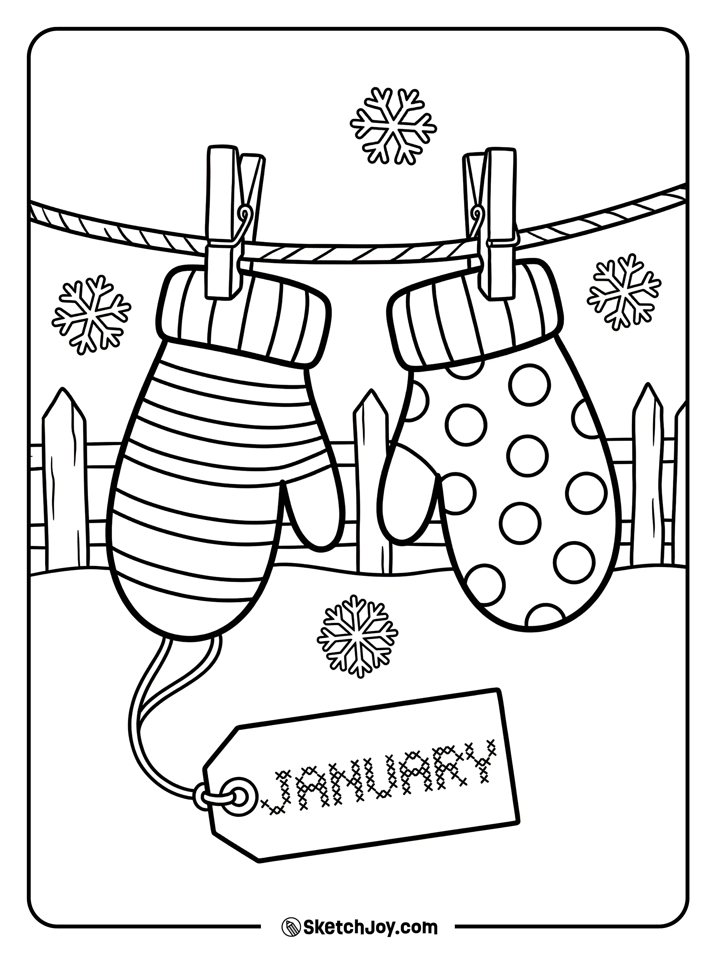 Two mittens hang on a line with a knit-style JANUARY word tag.