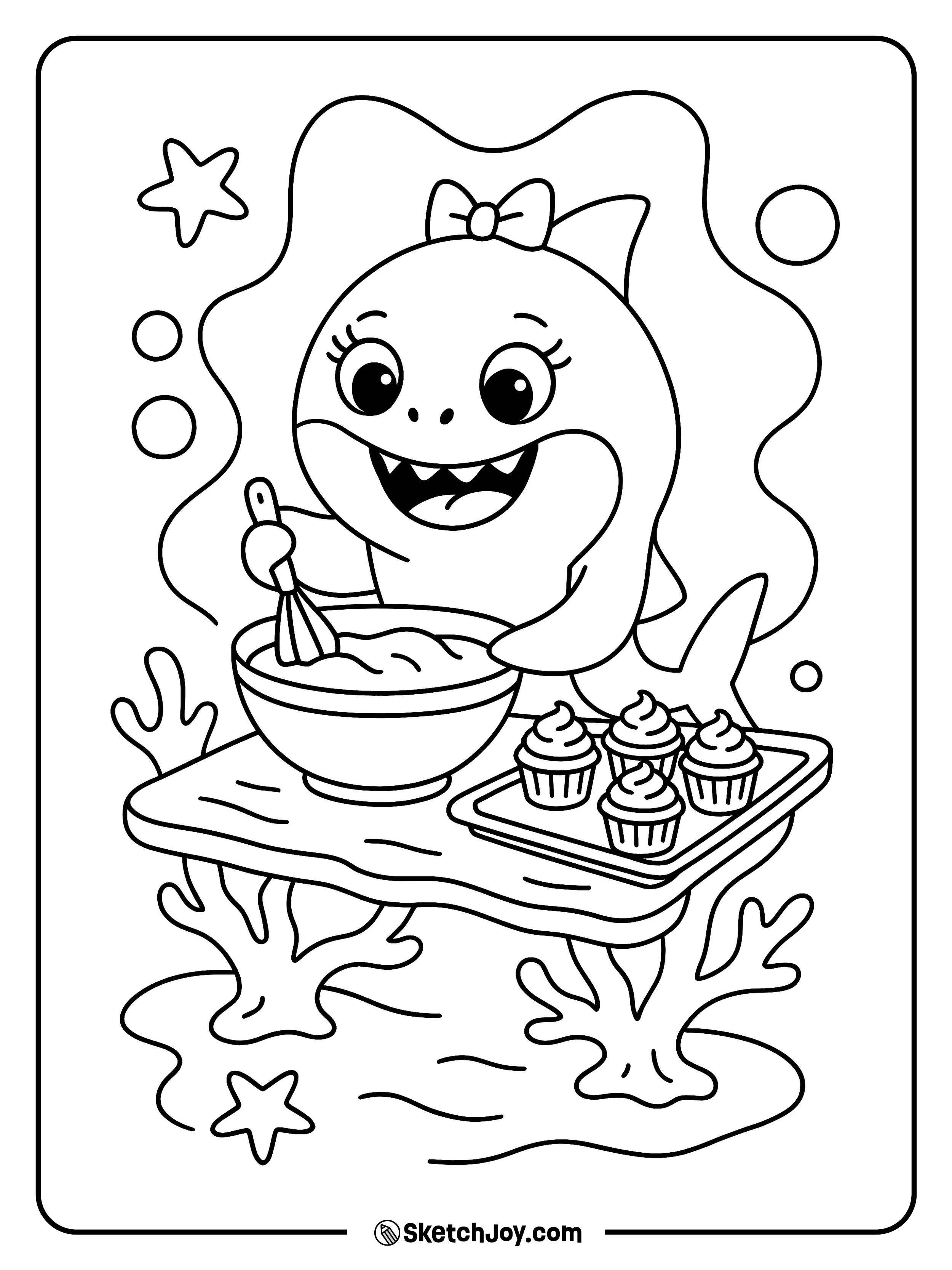 Mommy Shark mixes batter in a bowl and sets cupcakes on a tray.
