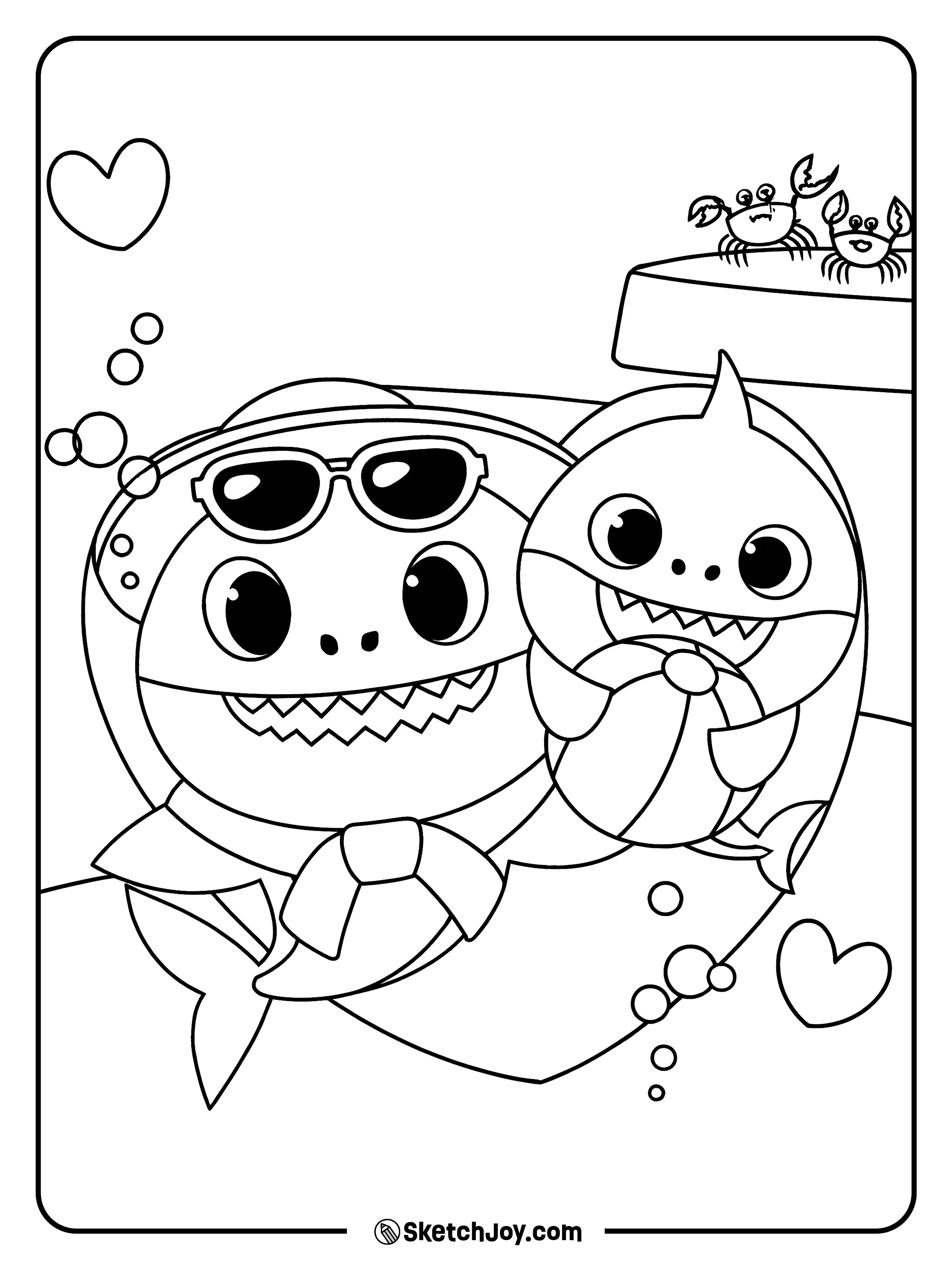 Mommy Shark and Baby Shark hold a beach ball while crabs watch nearby.