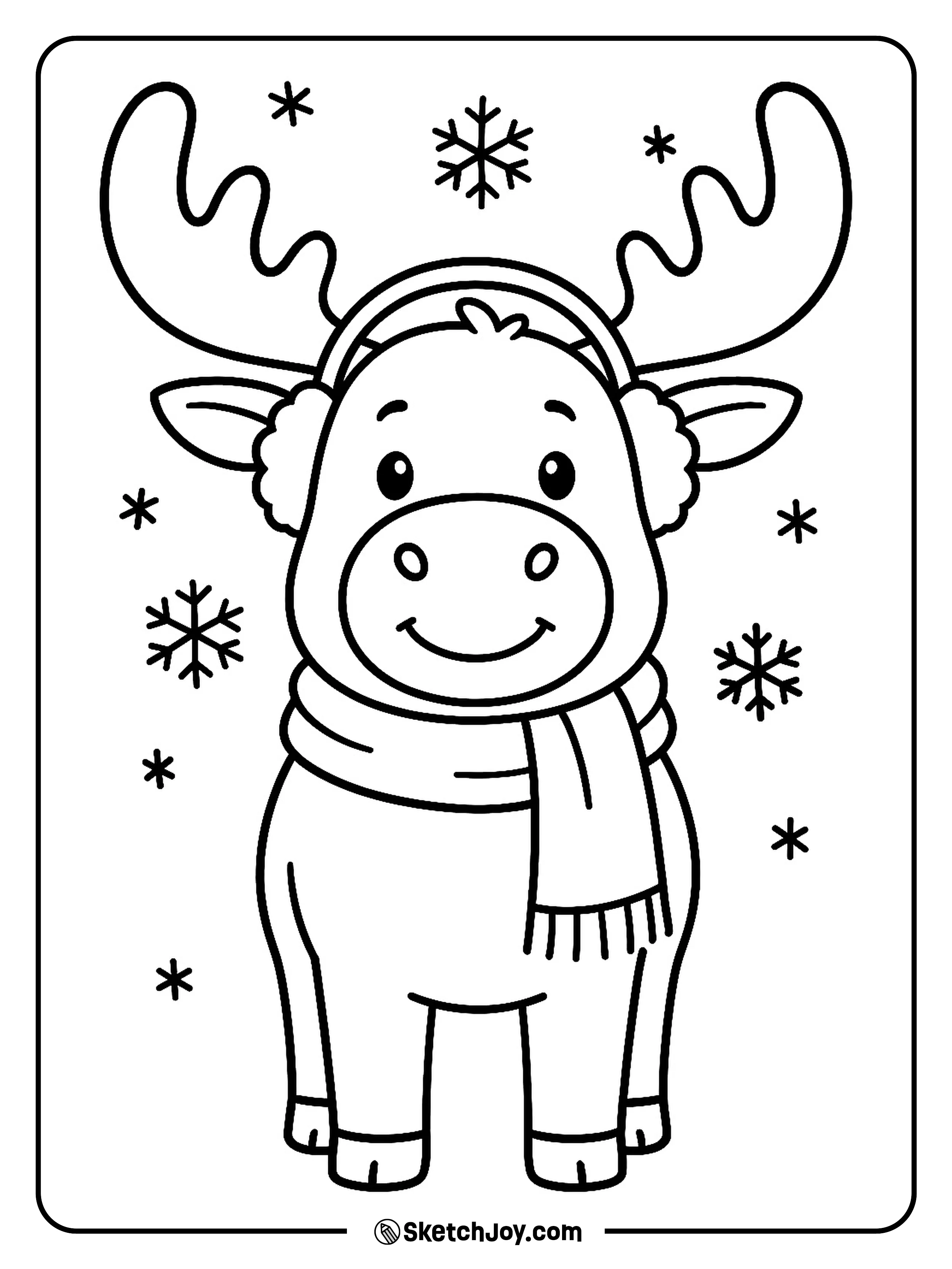 A moose smiles with big antlers and warm earmuffs.