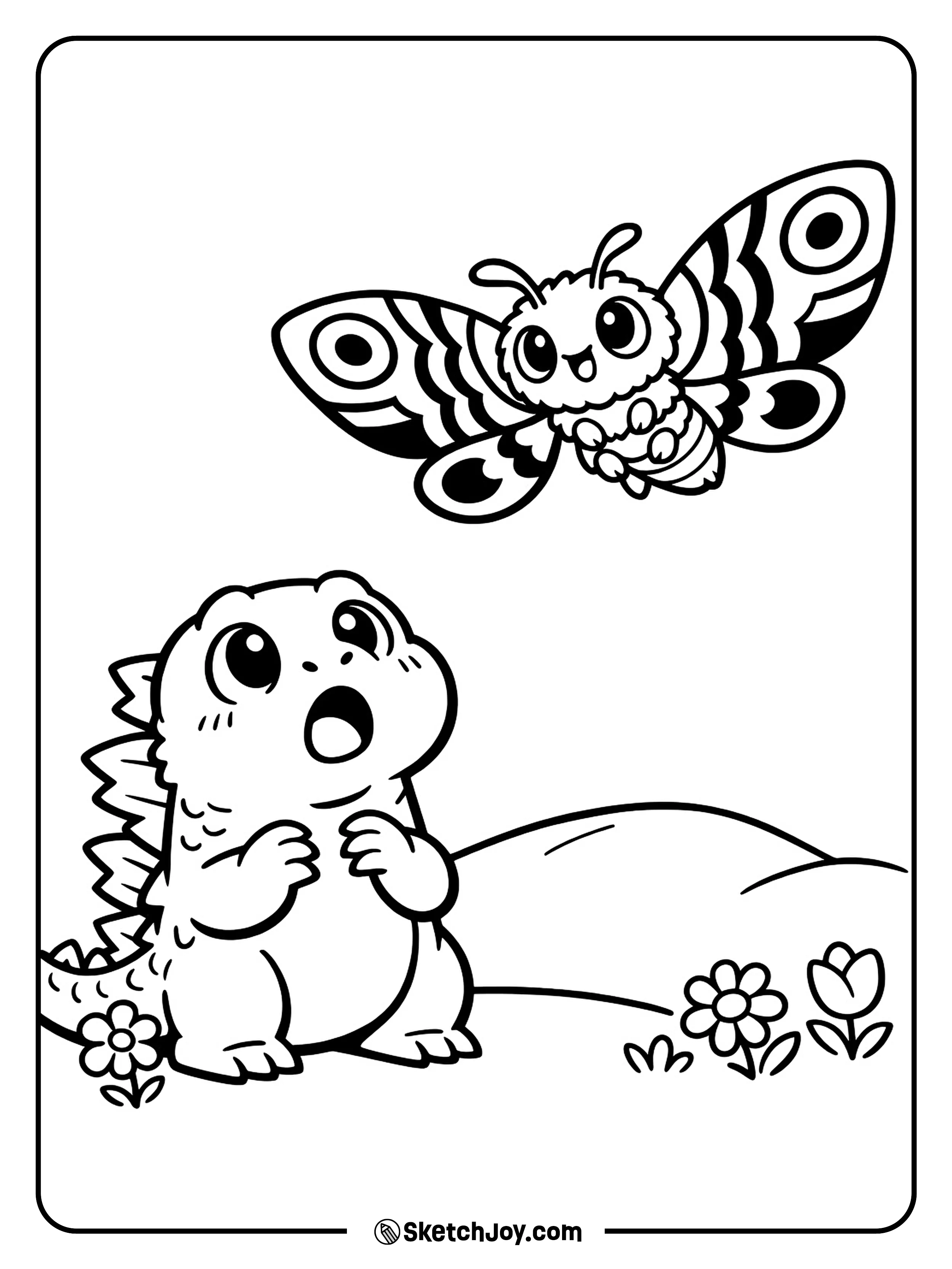 Mothra flies overhead while Godzilla looks up from the ground.