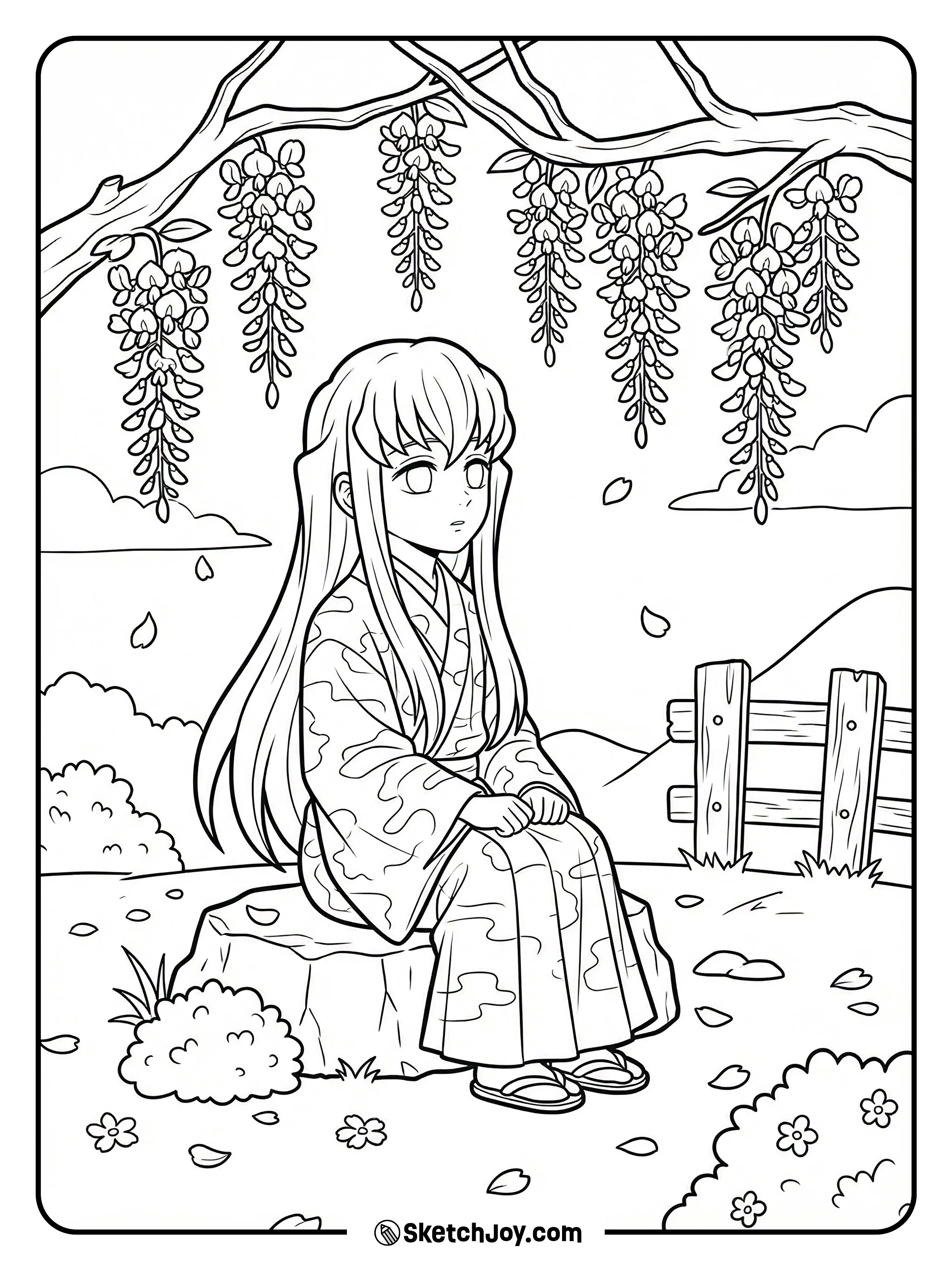 Muichiro sits on a low stone under hanging wisteria, looking calm and quiet.