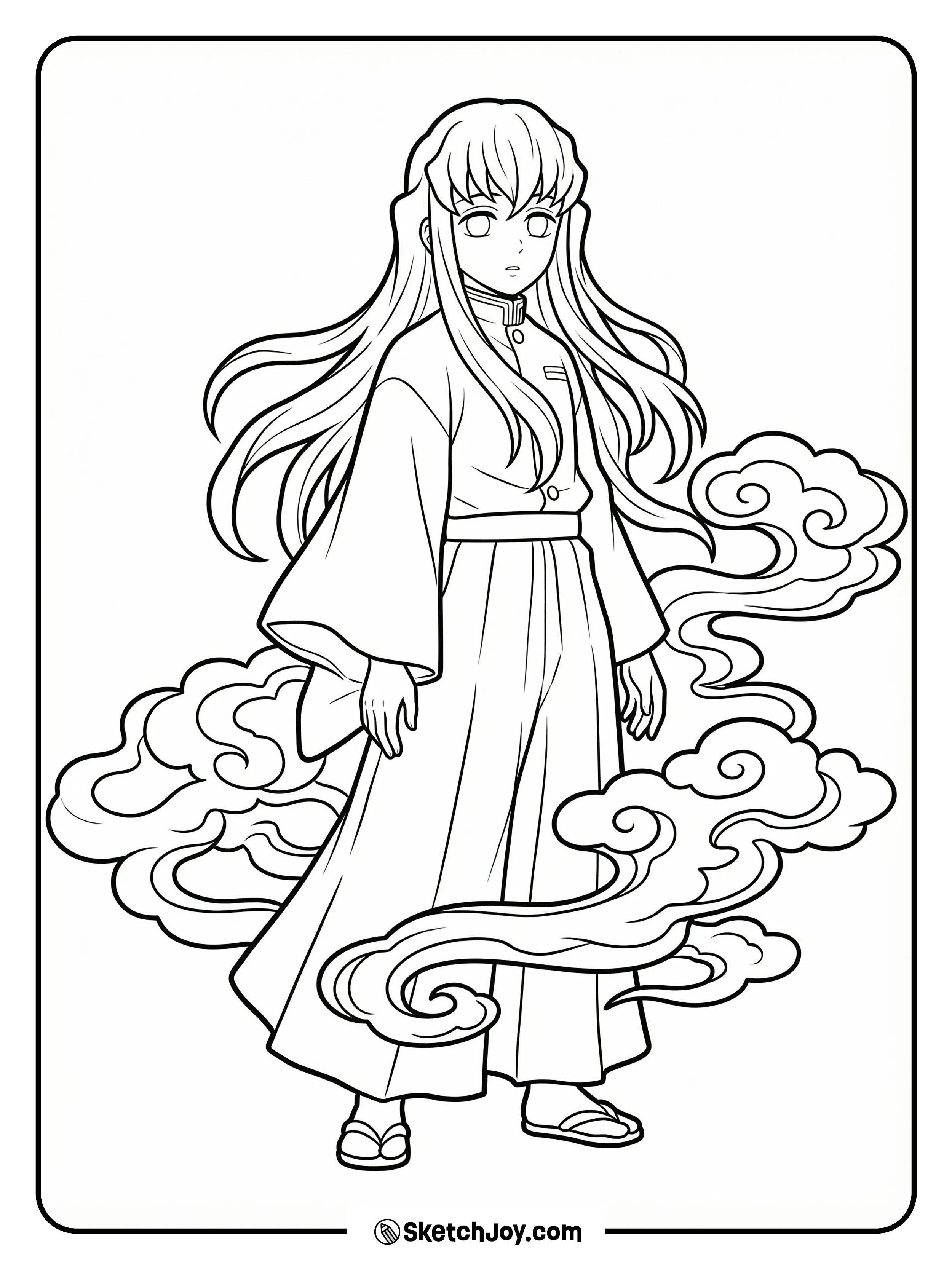 Muichiro stands still while soft mist curls around his legs and coat.