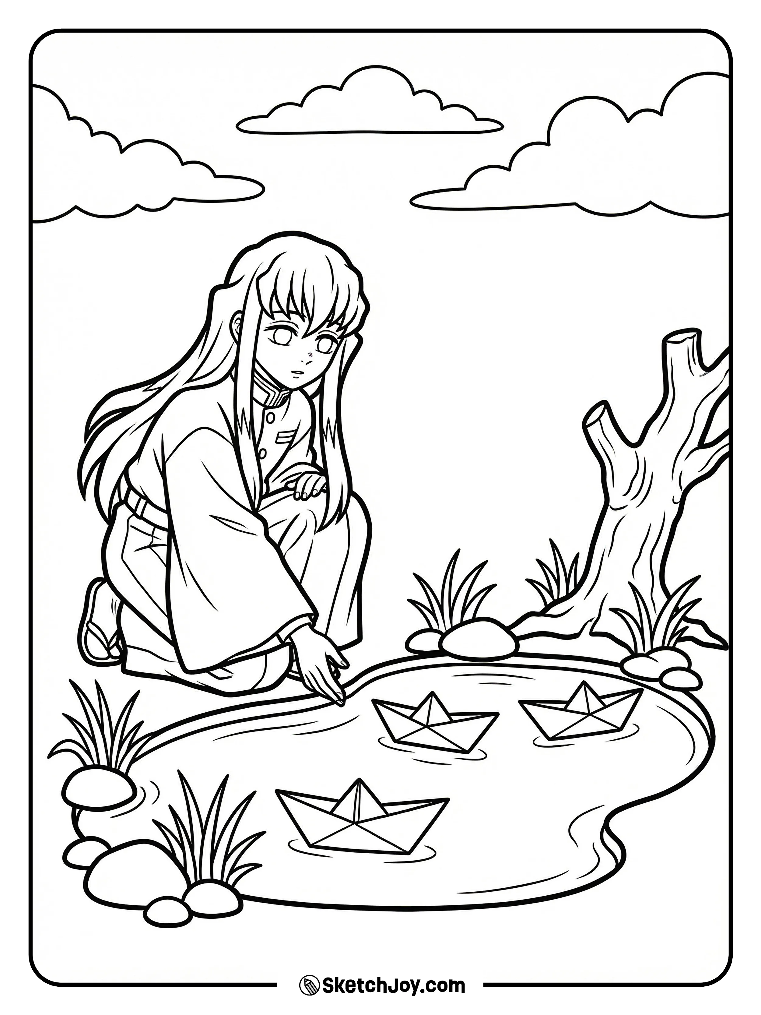 Muichiro watches small paper boats float on a quiet pond edge.