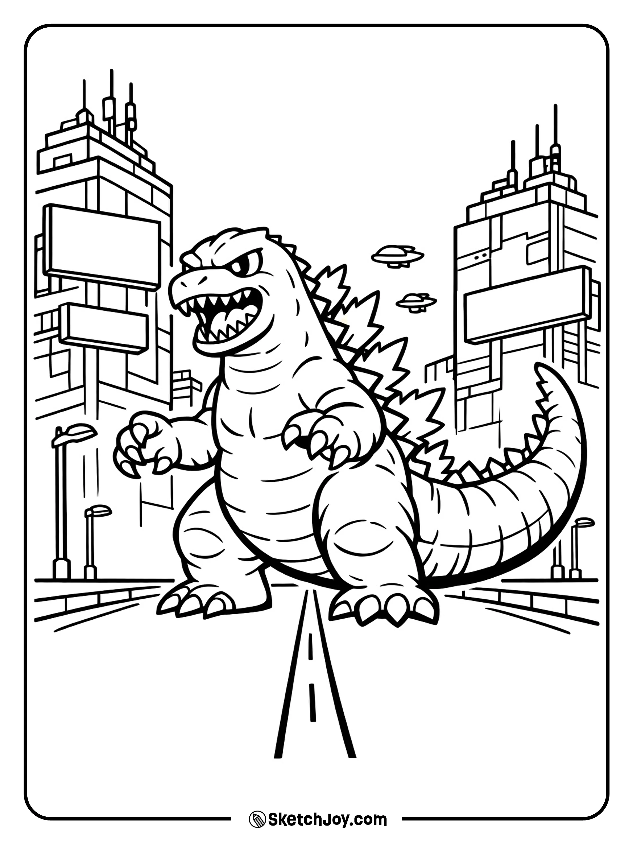 Godzilla stands in a future city with simple sign shapes and tall blocks.