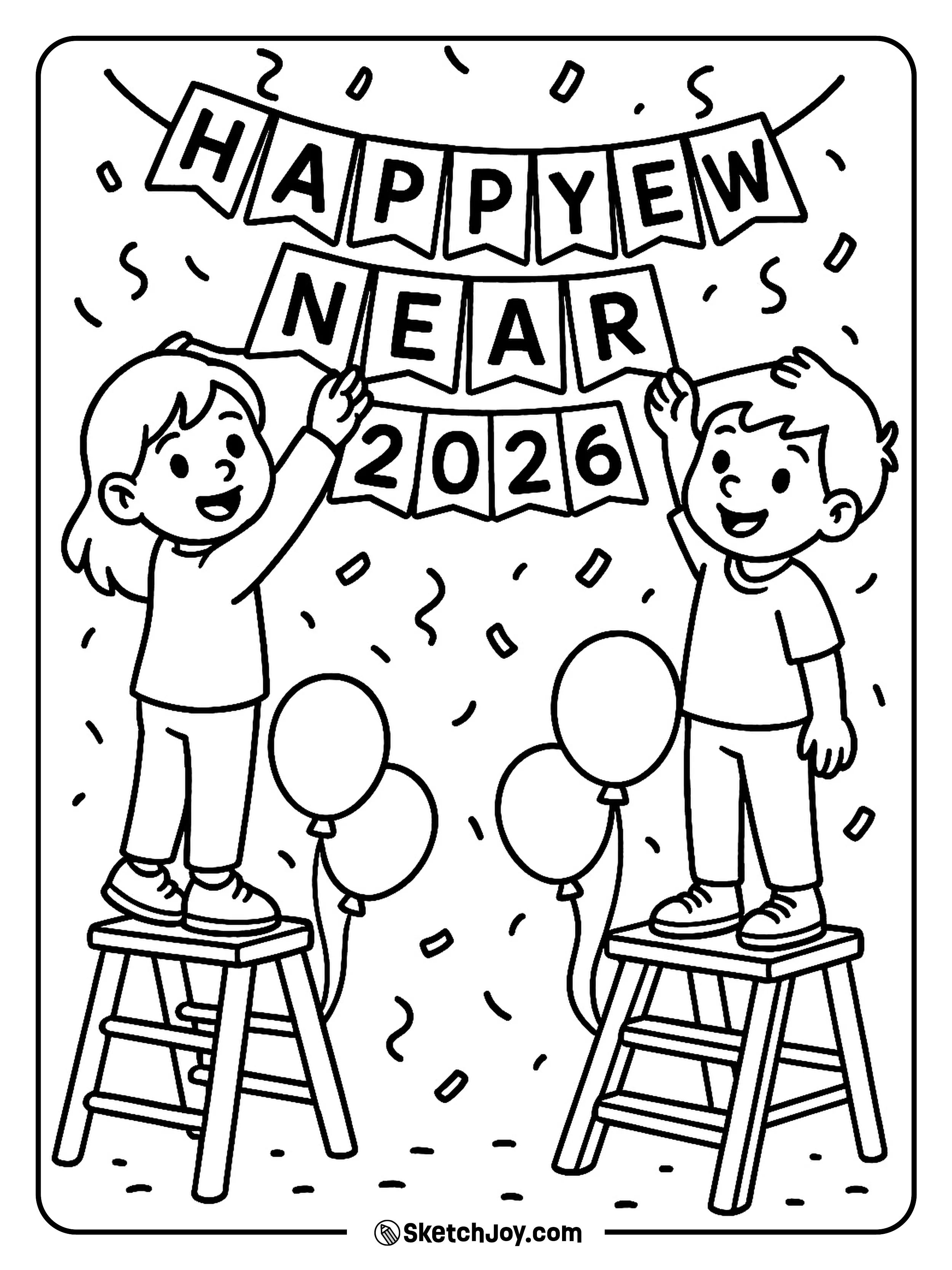 Friends hang a Happy New Year 2026 banner together.
