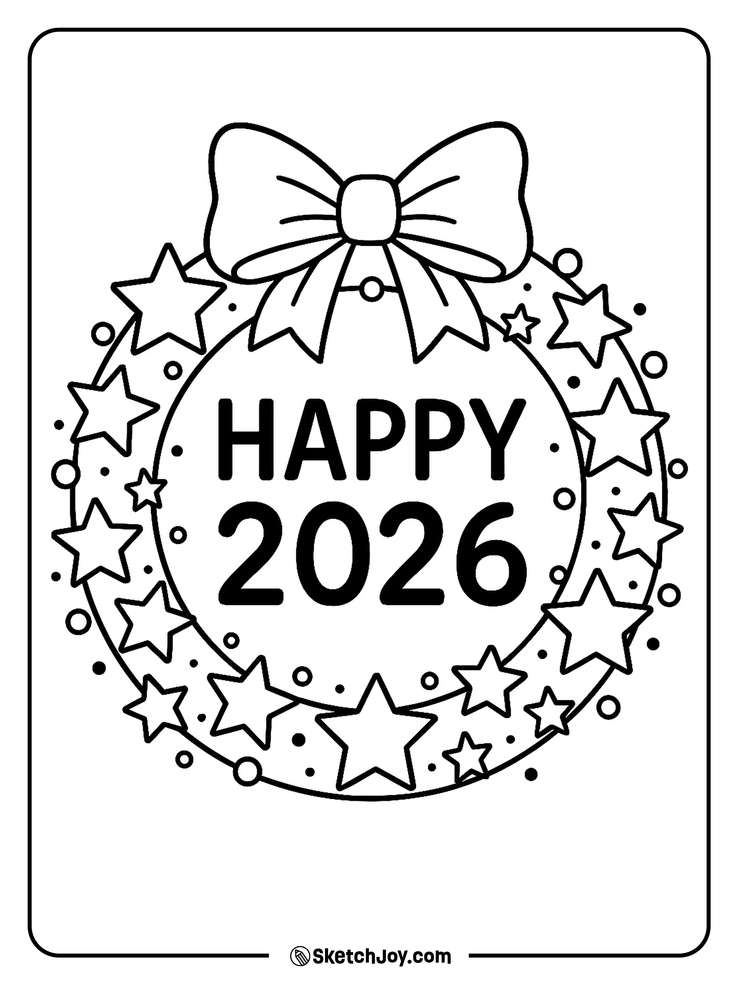 A wreath-style door sign says Happy 2026.