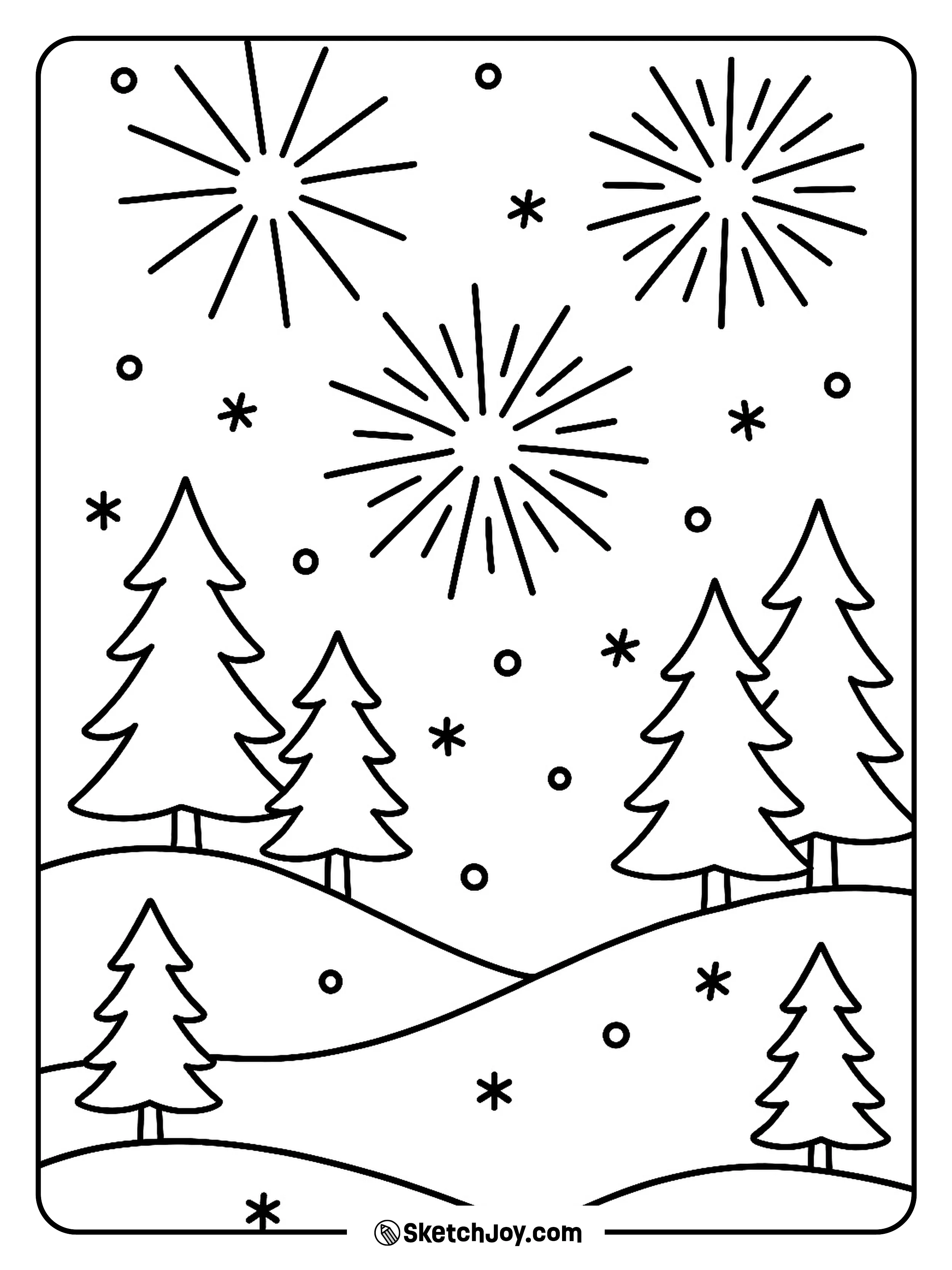 Fireworks pop in the sky over quiet snowy hills.