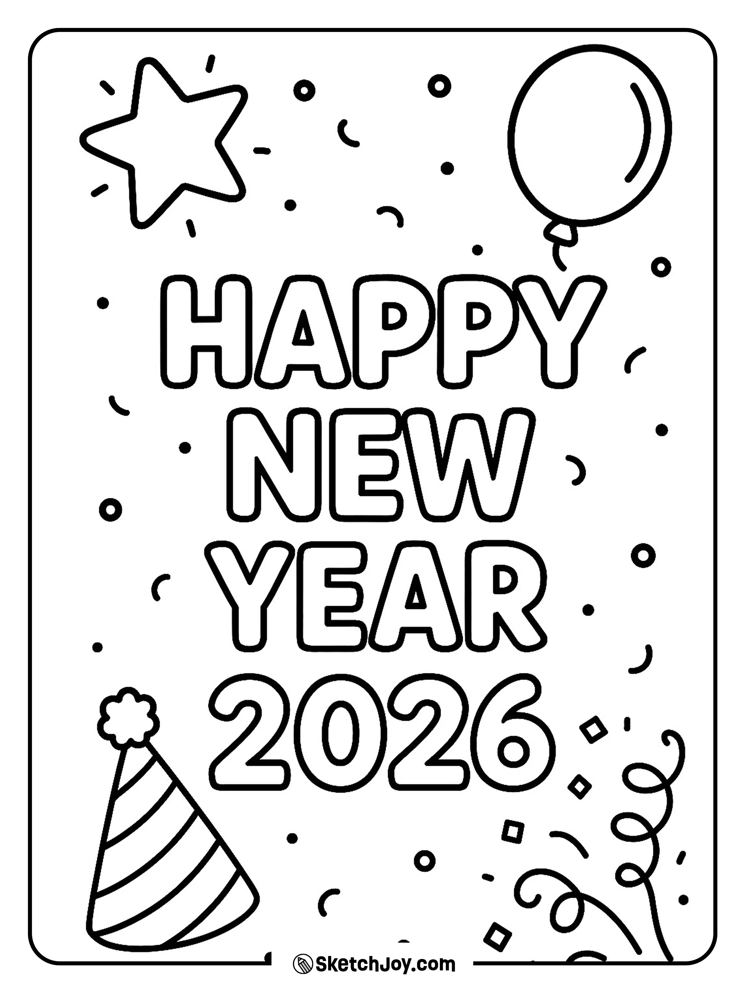 A big card says Happy New Year 2026 with stickers.