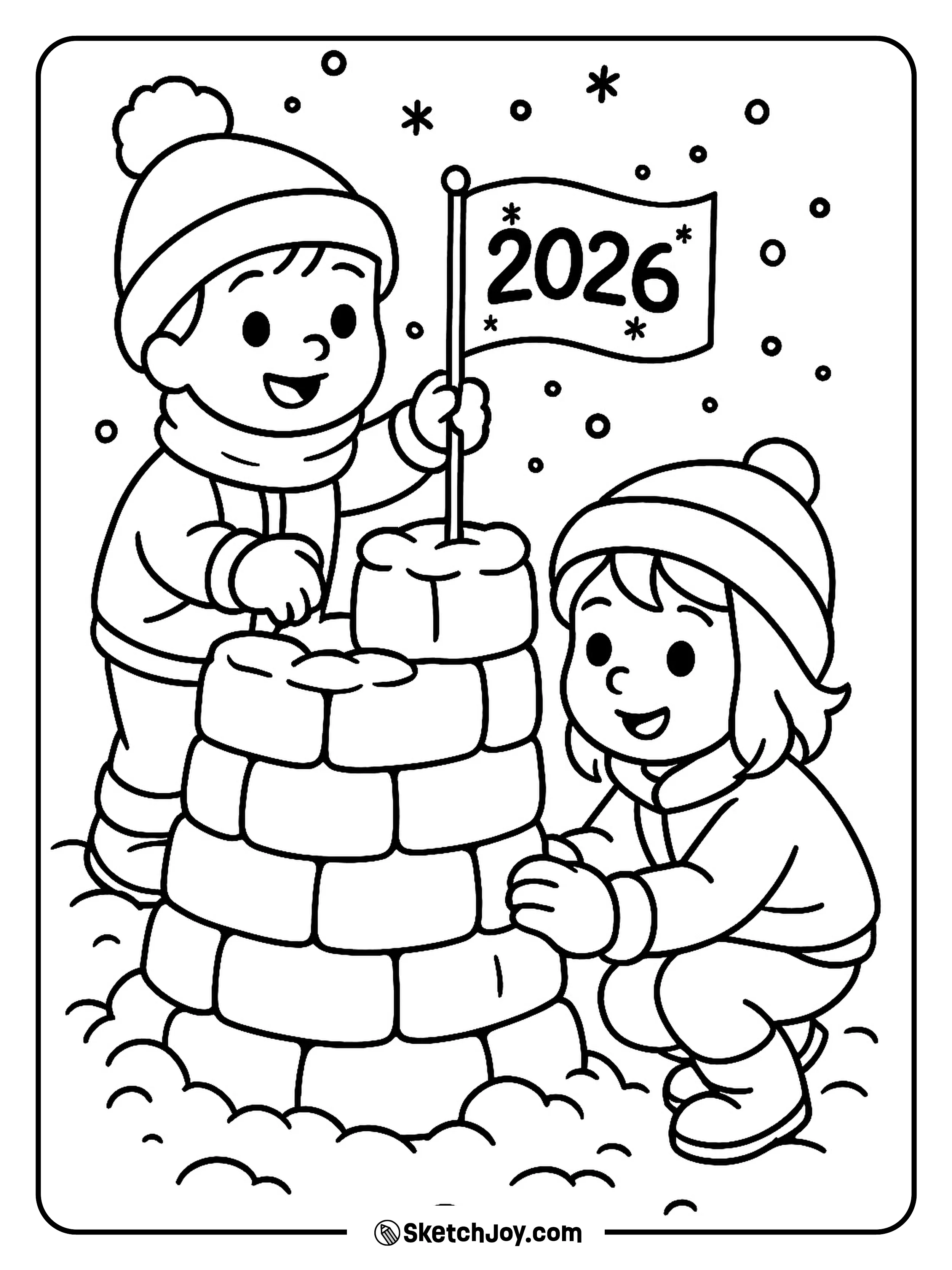 Kids build a snow fort with a 2026 flag.