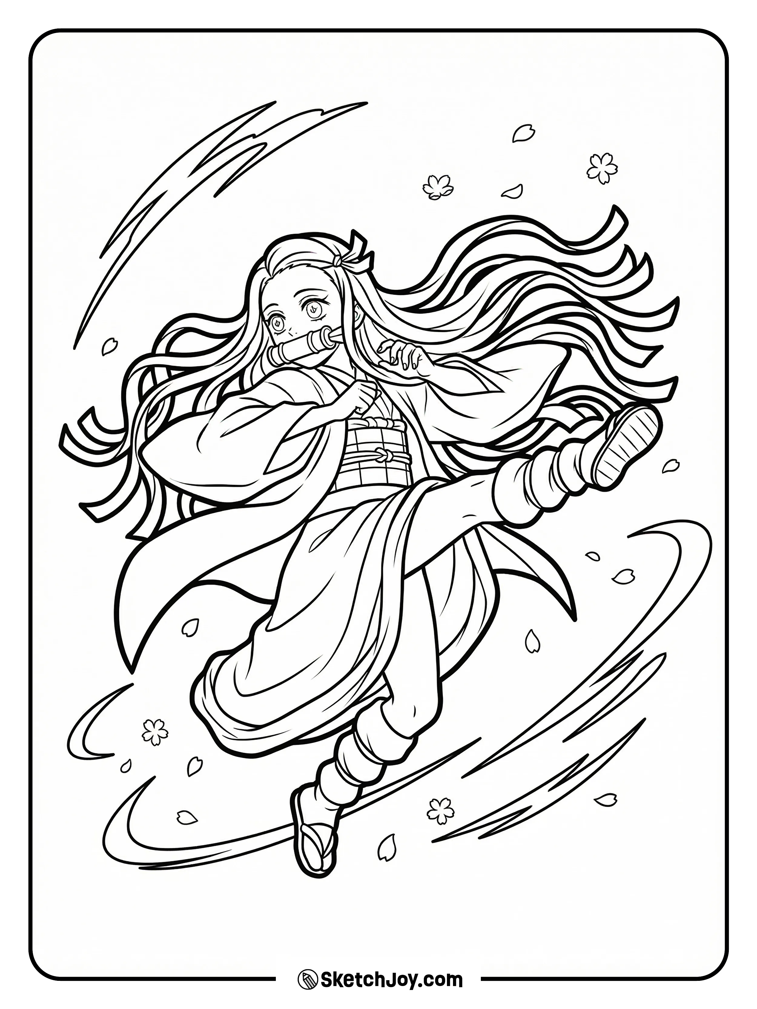 Nezuko jumps with a strong kick, hair flying, with simple speed lines around her.
