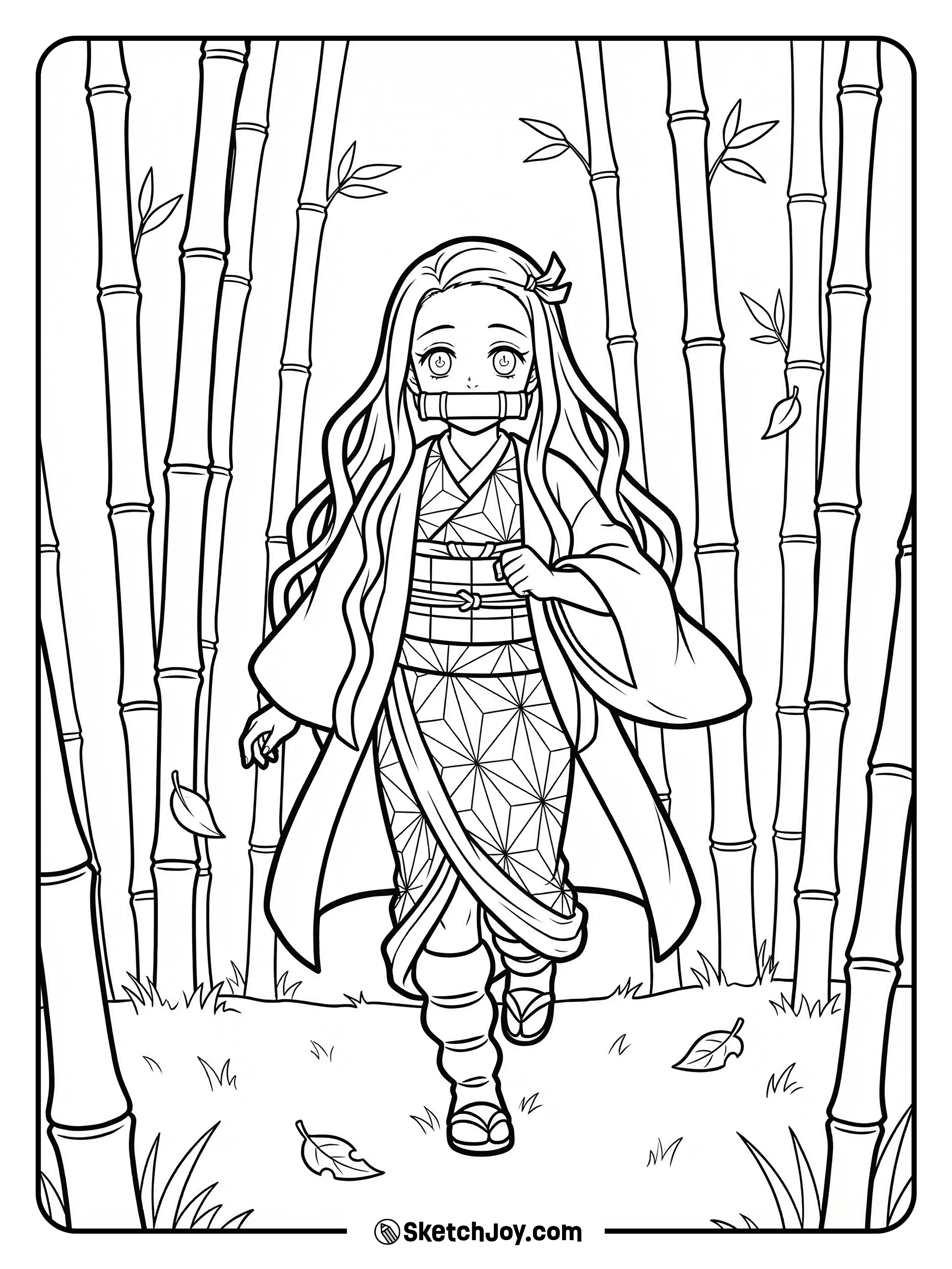 Nezuko runs forward with her bamboo gag, bare feet light on the ground, in a calm bamboo forest.