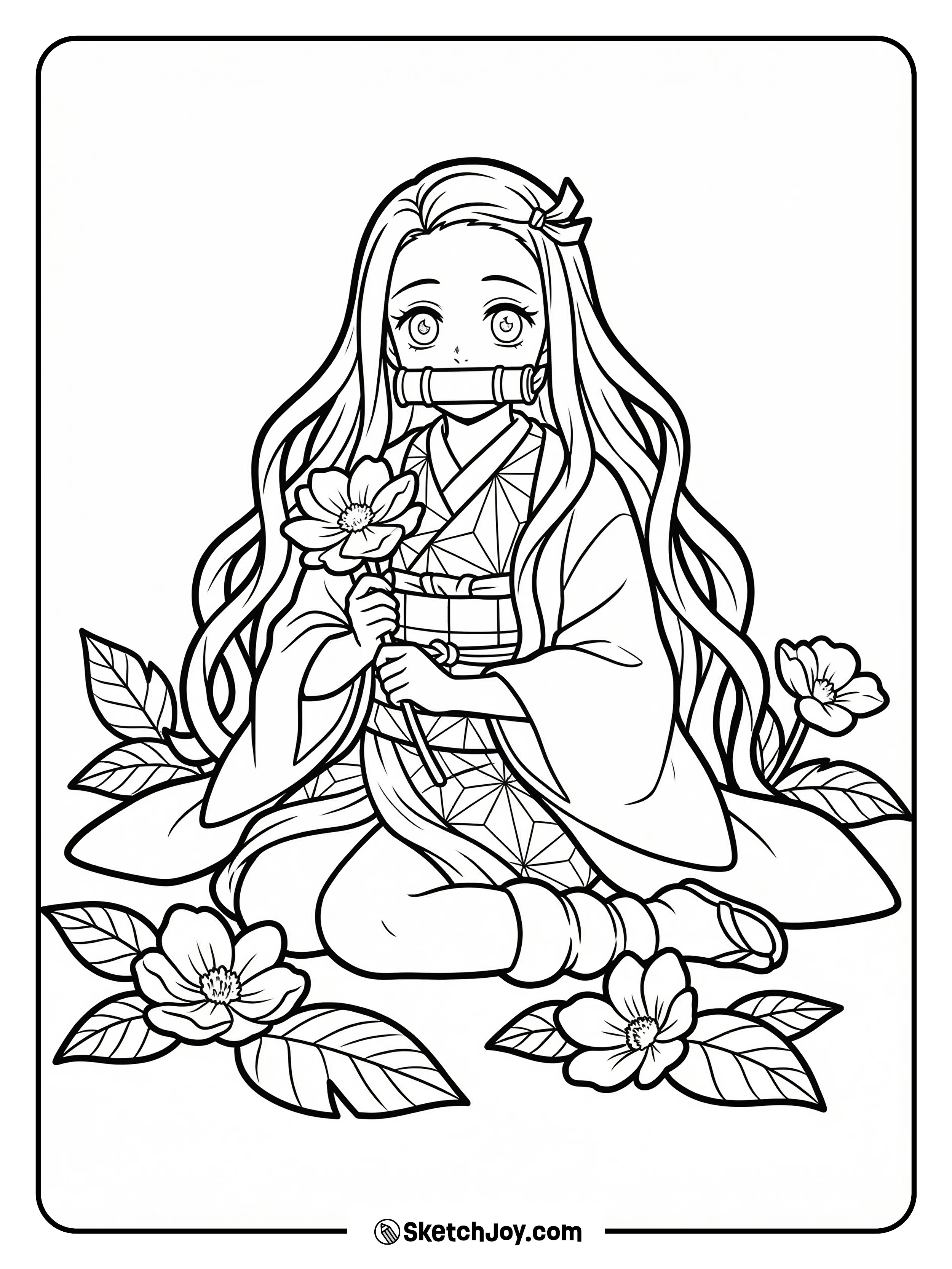 Nezuko sits on the ground with folded legs, holding a single flower in her hand.