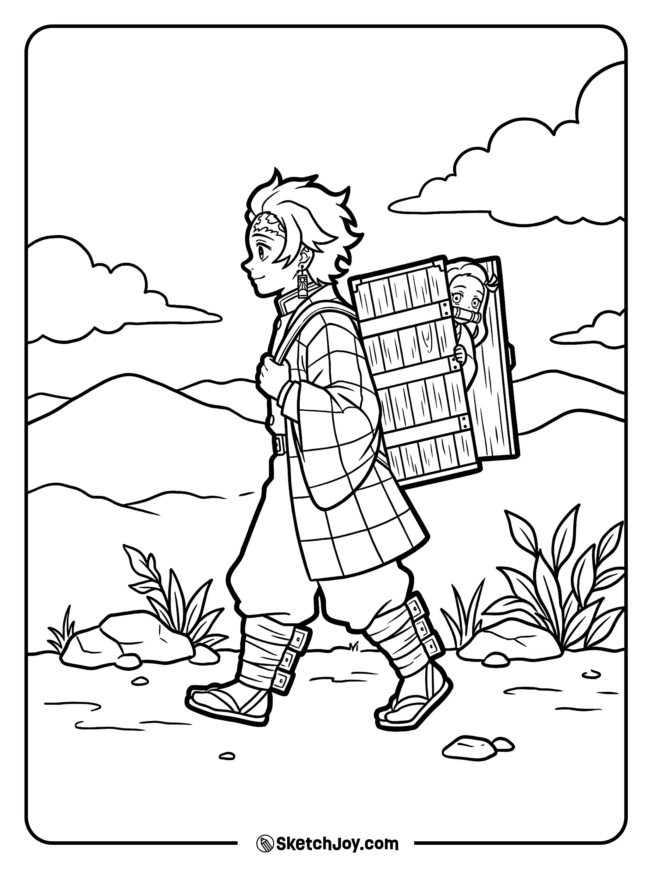 Tiny Nezuko peeks from the box while Tanjiro carries it on his back, walking on a path.