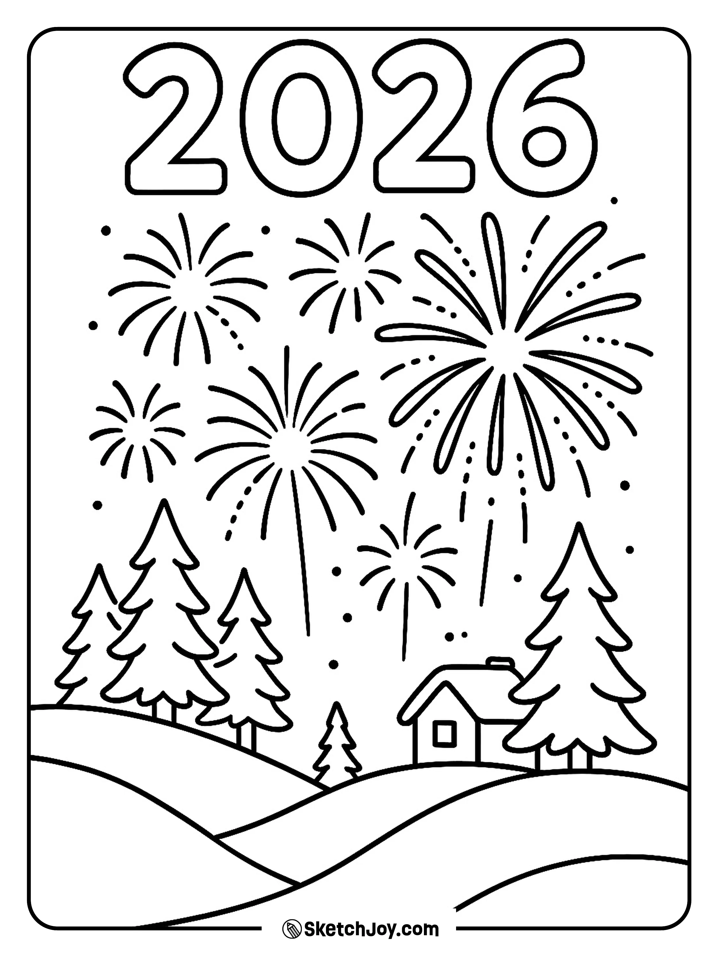 Fireworks light up a winter hill scene for 2026.