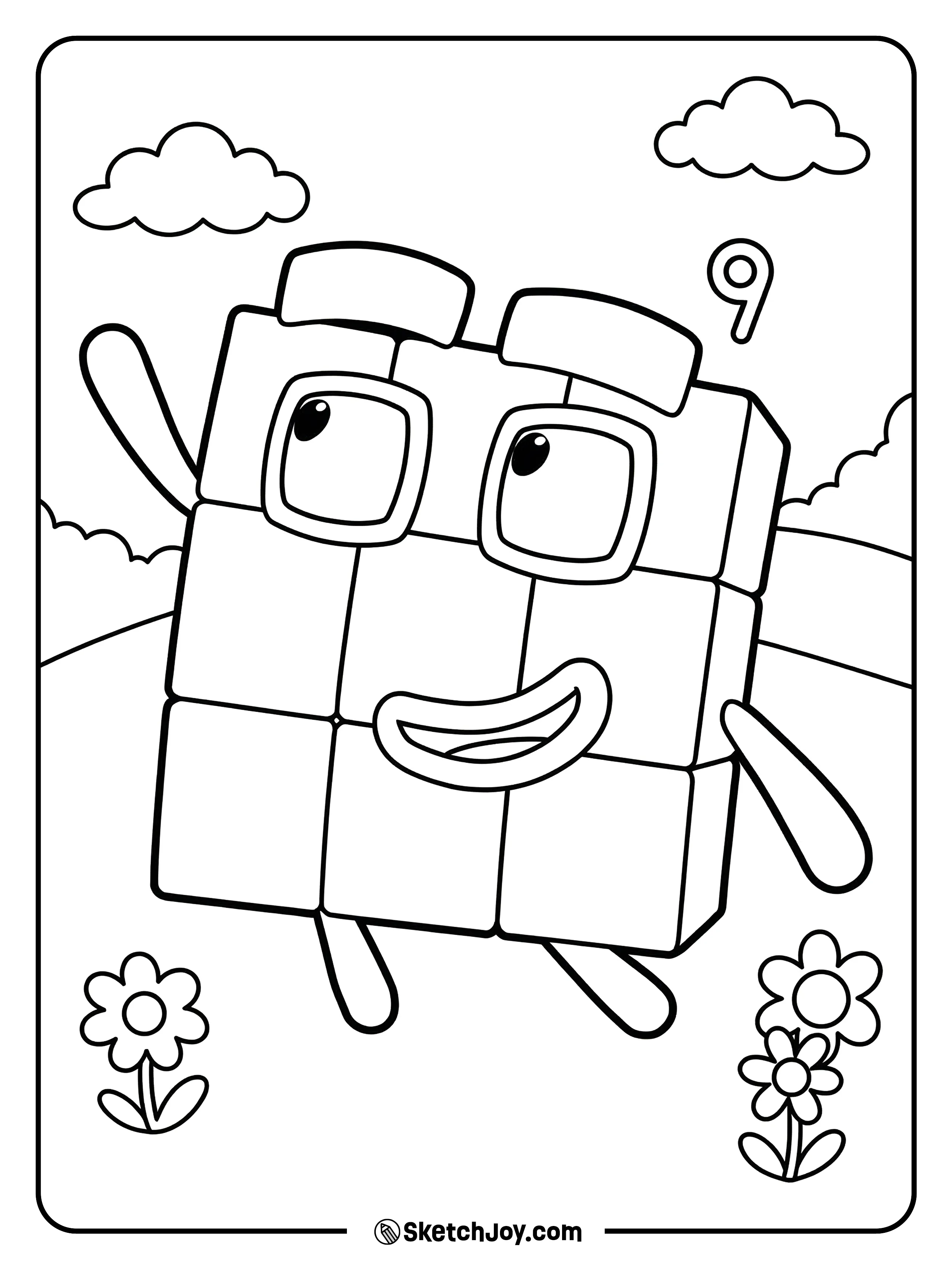 Numberblocks Nine leans to the side and looks like he is dancing.