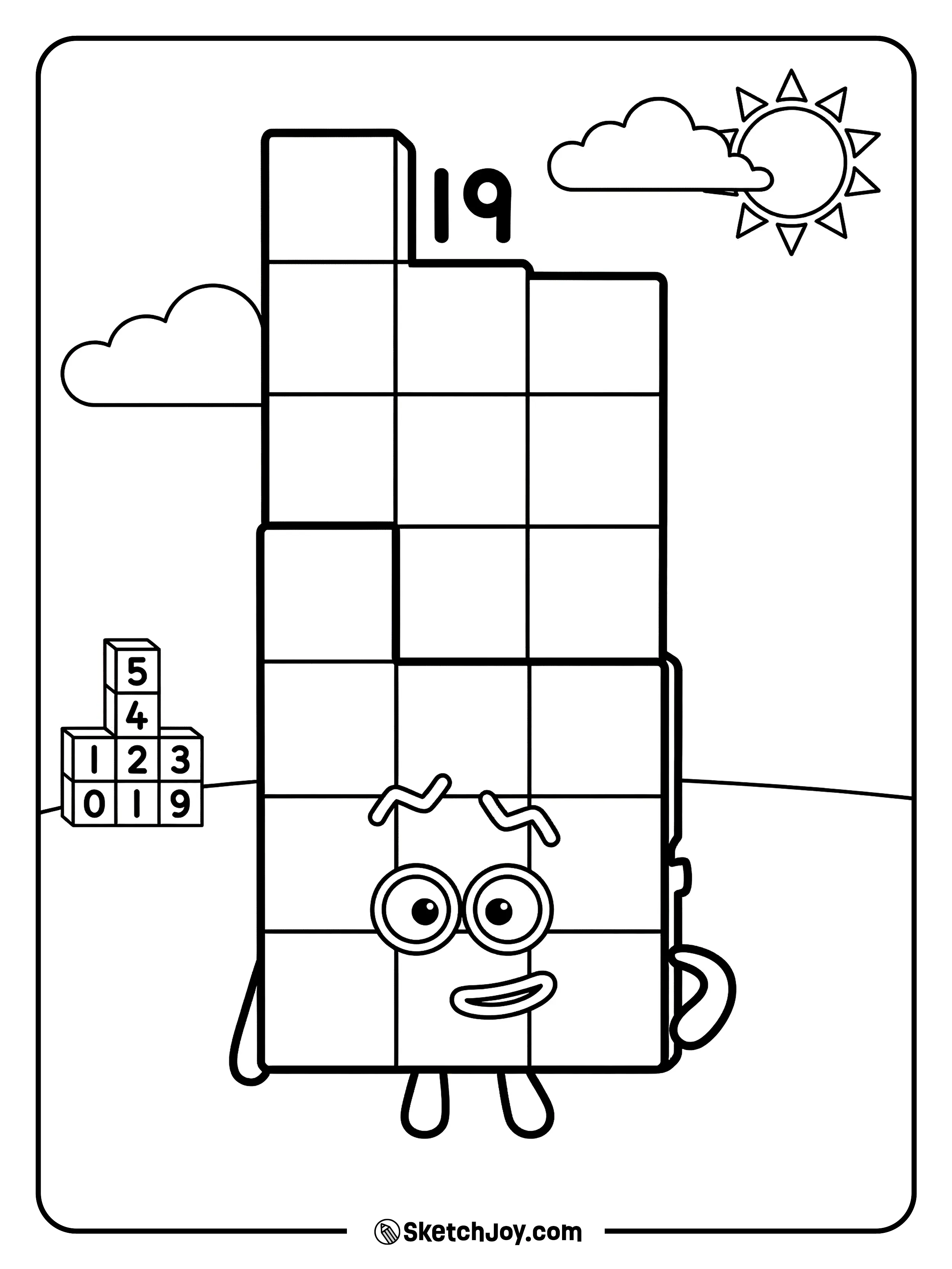 Numberblocks Nineteen forms a rising shape and looks proud and kind.
