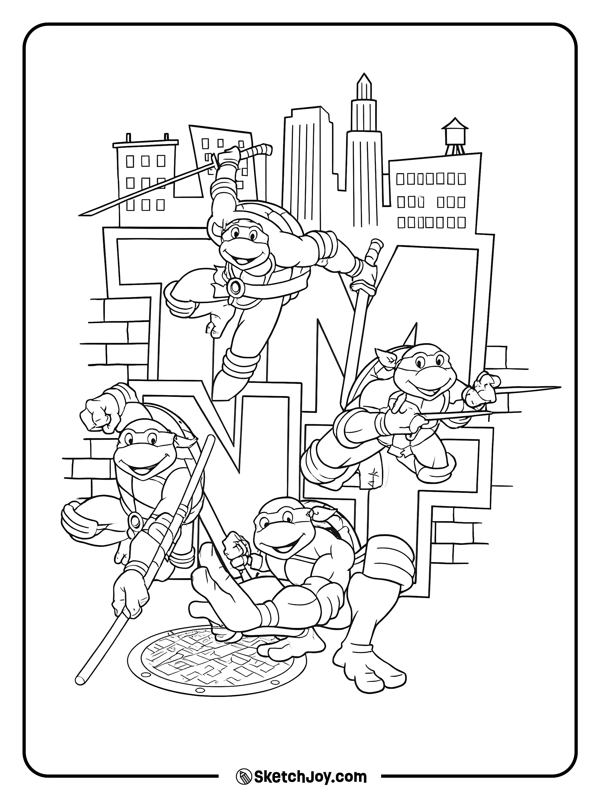 Leonardo, Raphael, Donatello, and Michelangelo leap and pose in front of big TMNT letters with tall city buildings behind them.