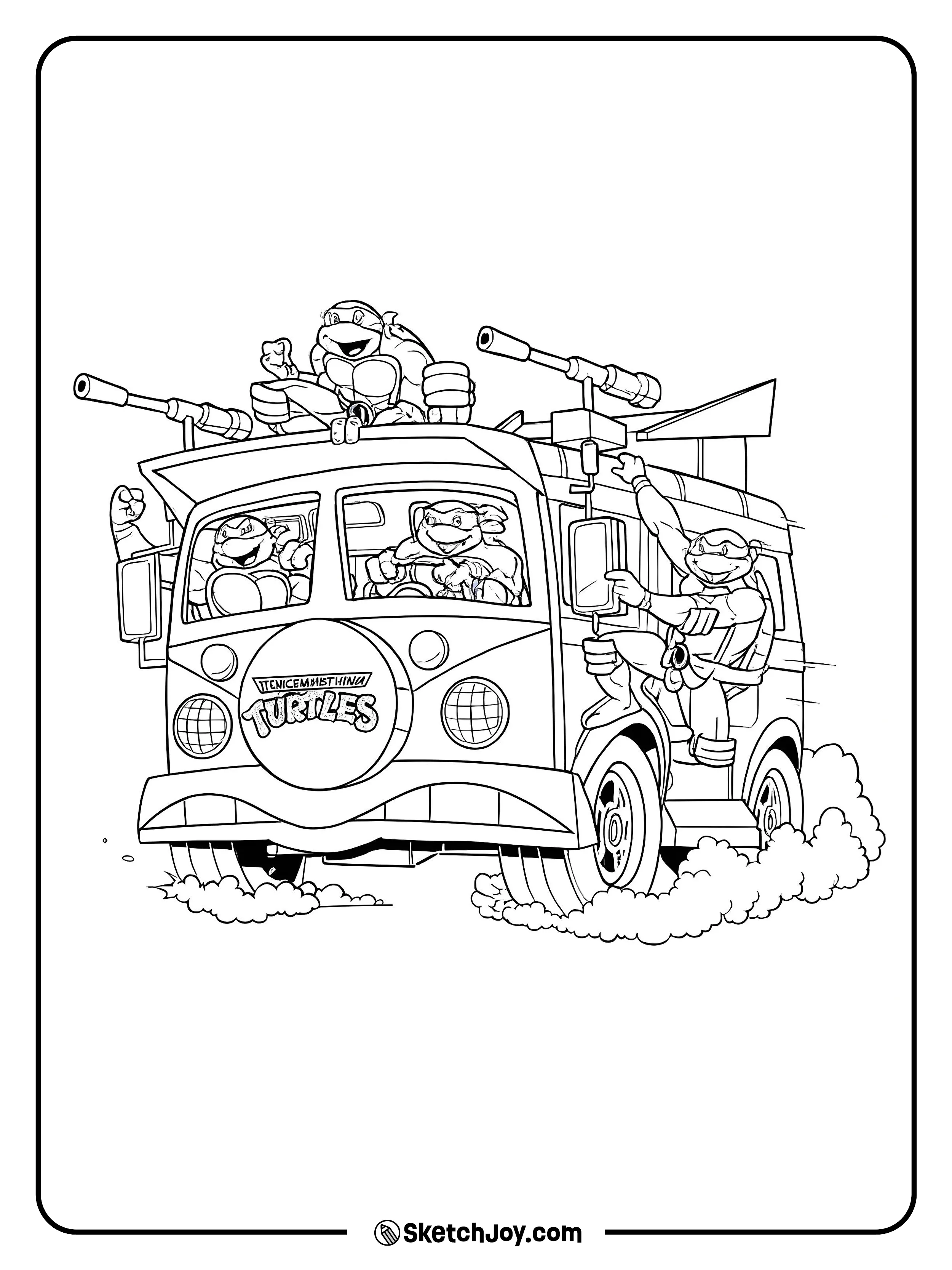 The four Ninja Turtles ride and hang off their party van as it speeds ahead with smoke kicking up from the wheels.