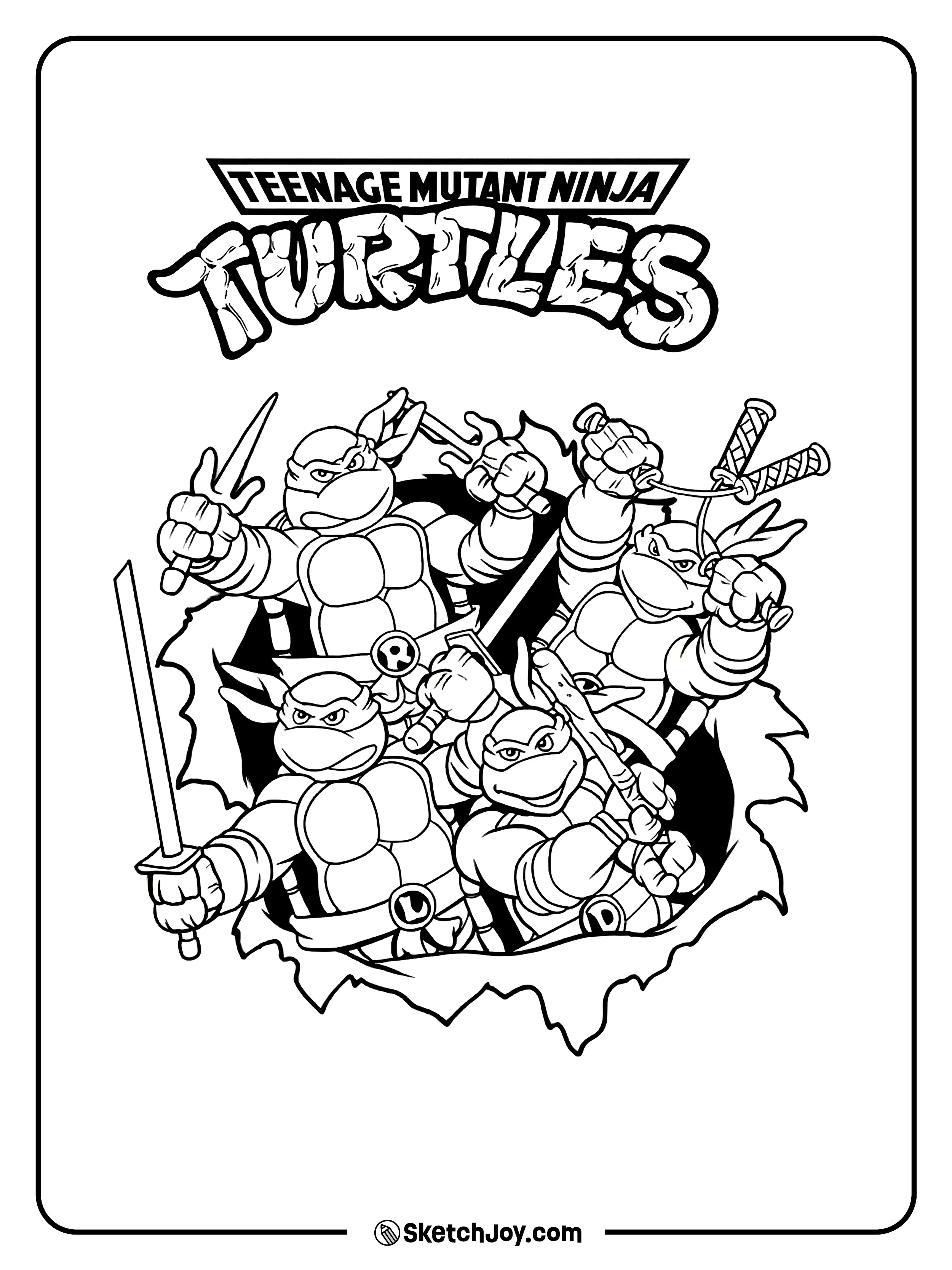 Leonardo, Raphael, Donatello, and Michelangelo burst through a wall under the Teenage Mutant Ninja Turtles logo with their weapons raised.