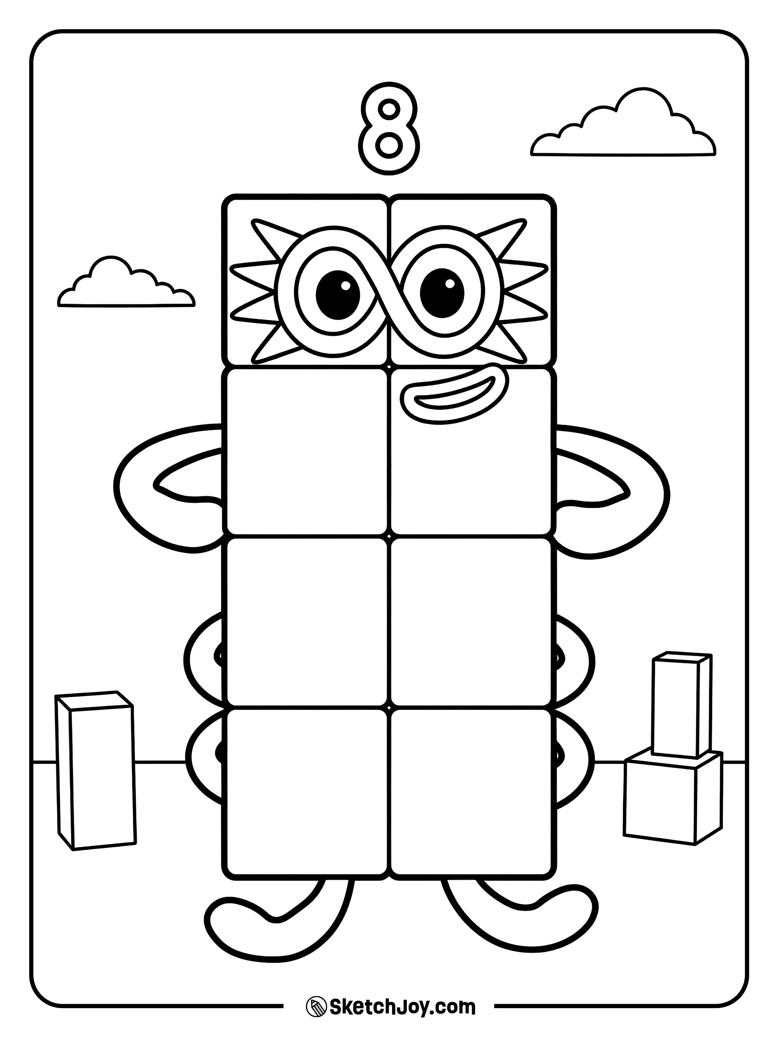 Numberblocks Eight, Octoblock, stands strong with his bold mask and eight blocks.