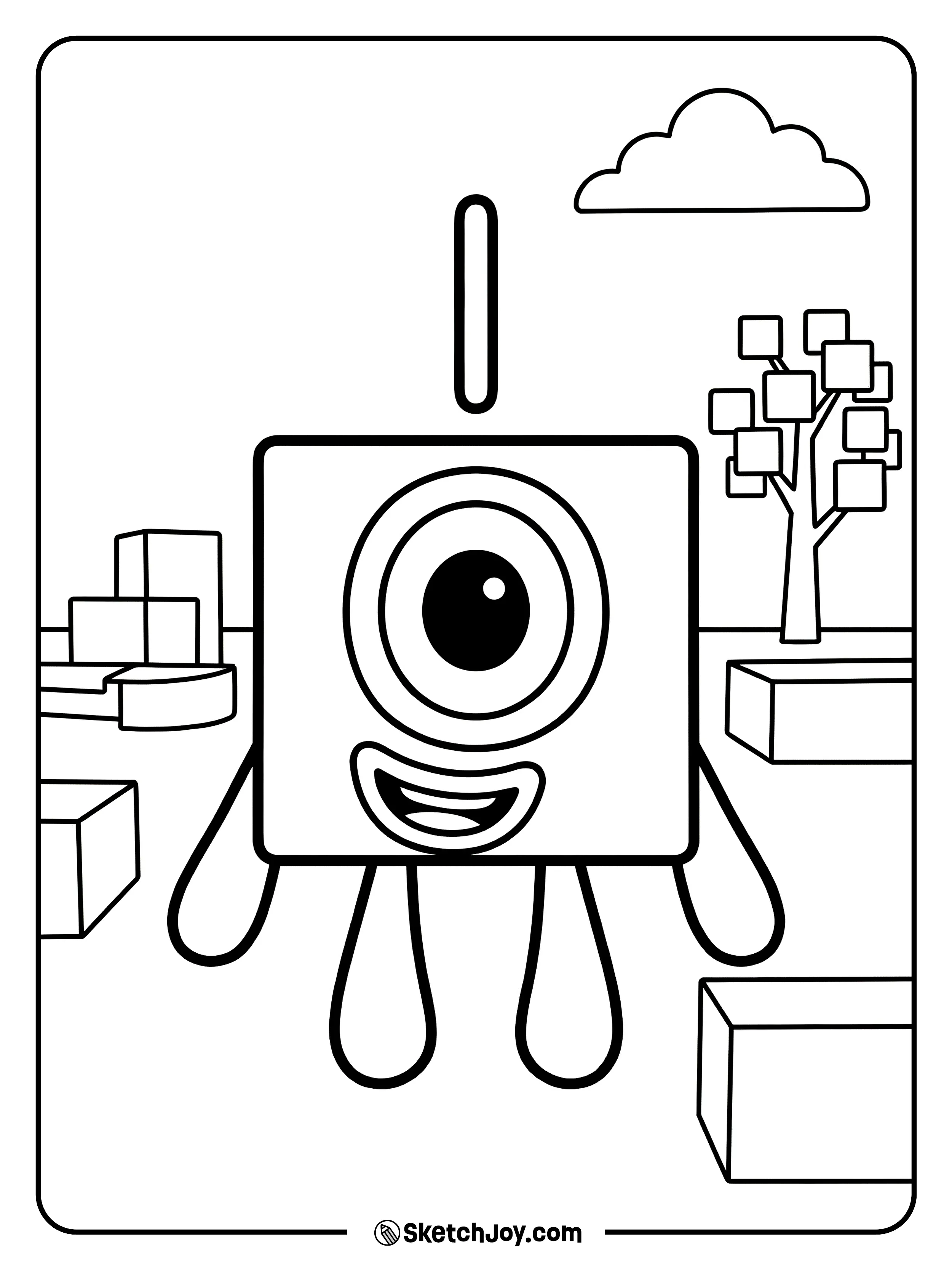 Numberblocks One smiles with one big eye, ready for you to color.
