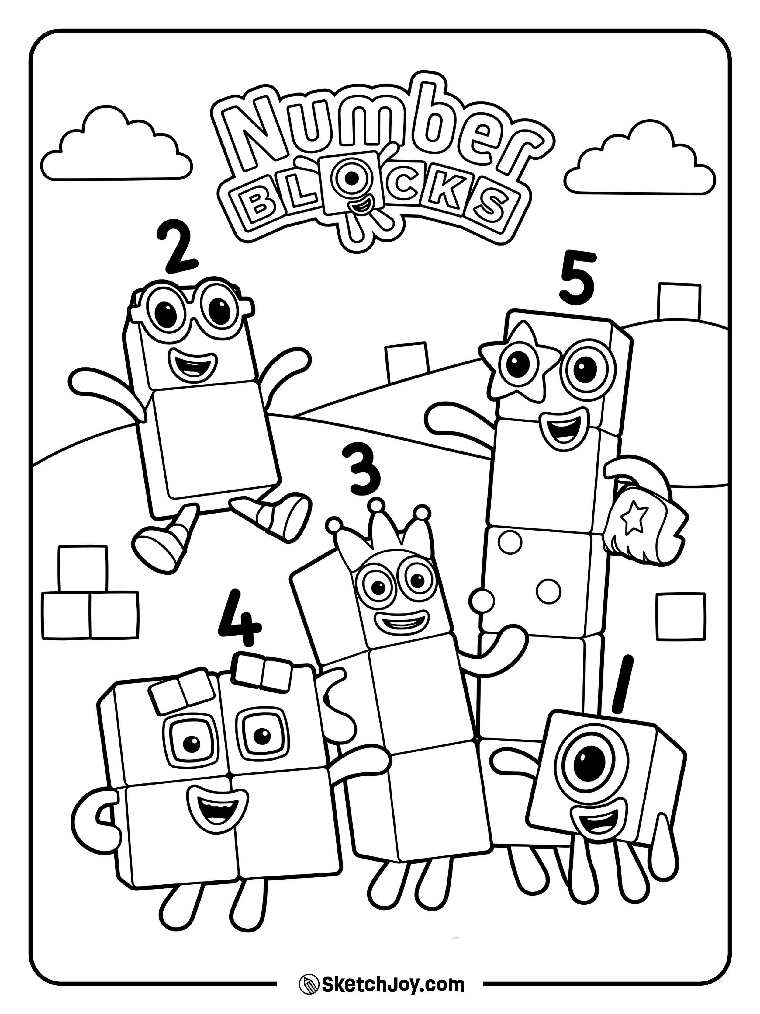 One, Two, Three, Four, and Five smile and play together in one fun scene.