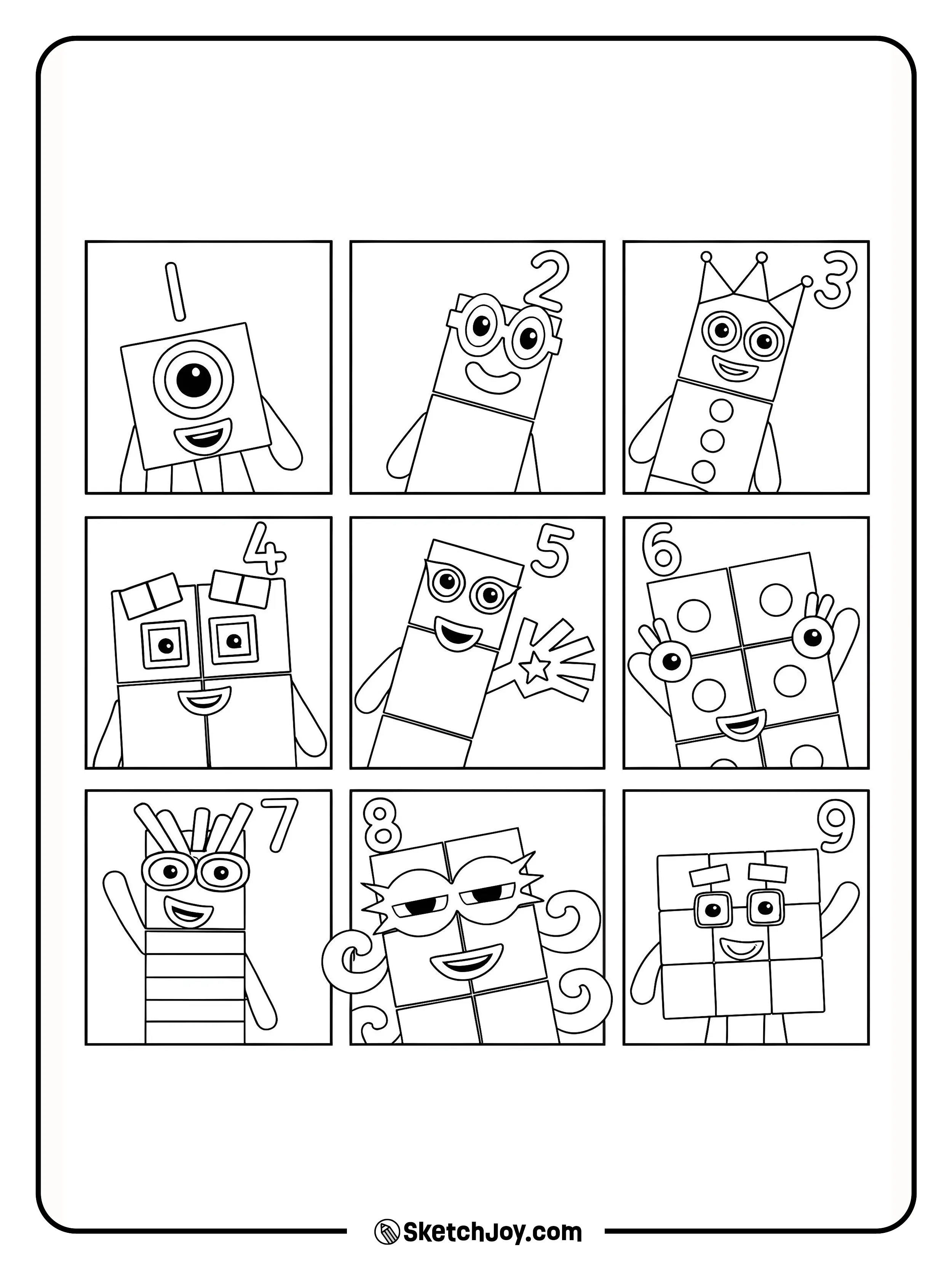 Numbers One to Nine each pose in their own square, ready for you to color.