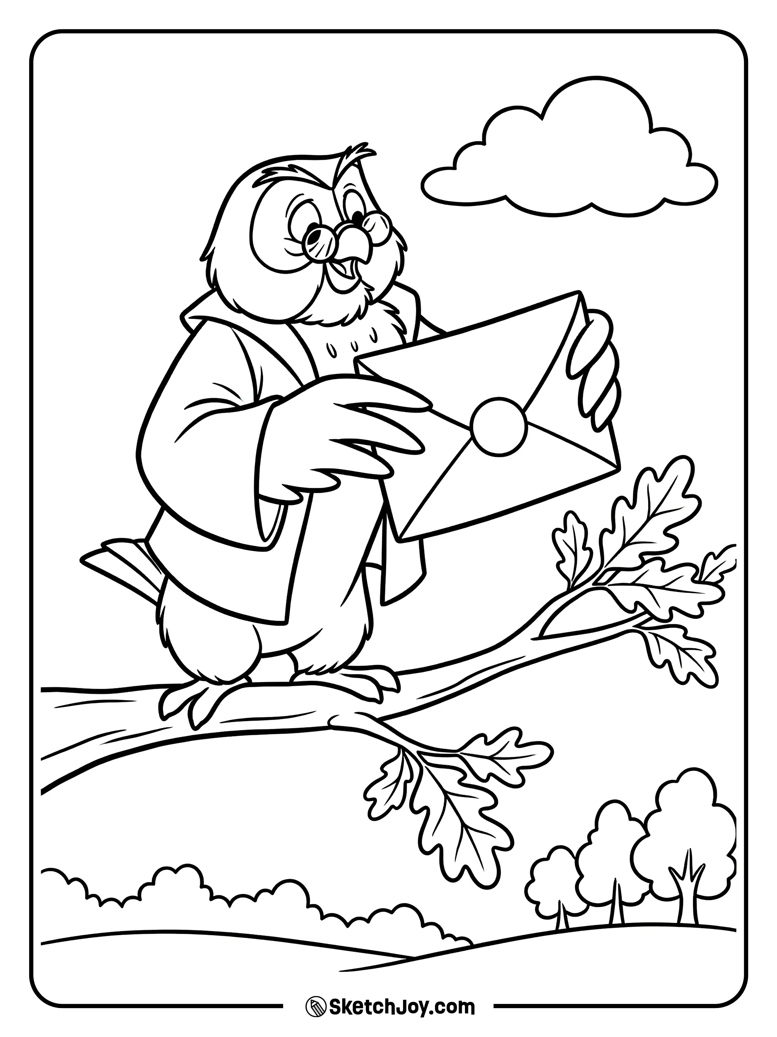 Owl holds a letter while standing on a branch.