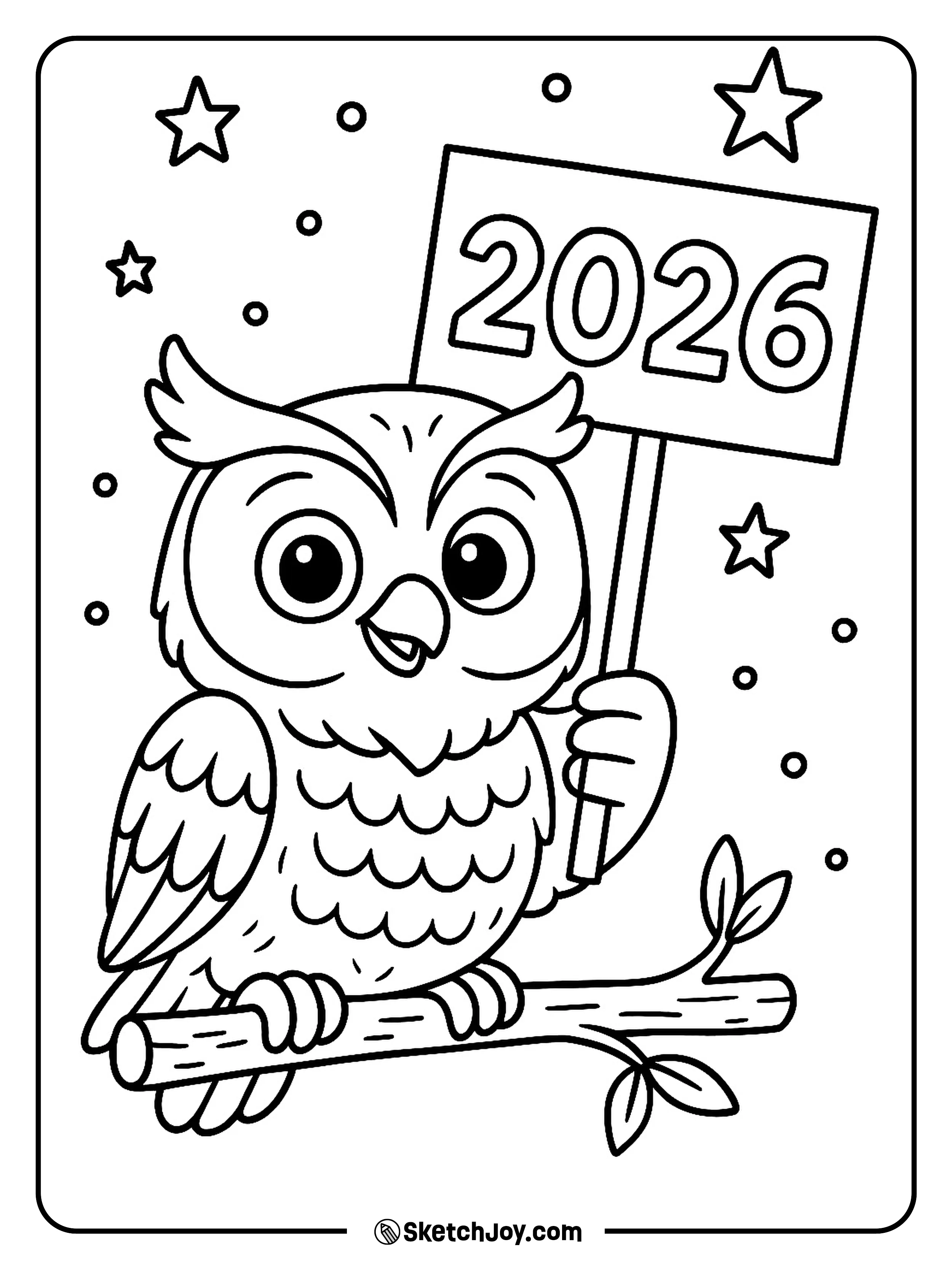 A cute owl holds a 2026 sign with star confetti.