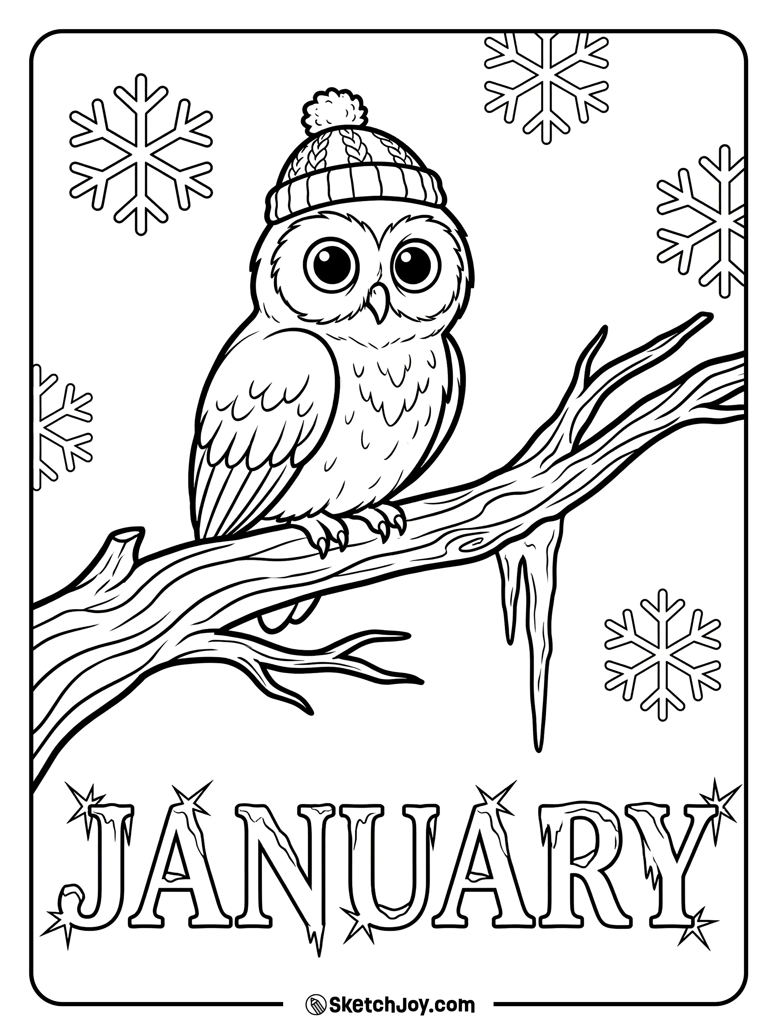 An owl sits on a branch above frosted JANUARY letters.