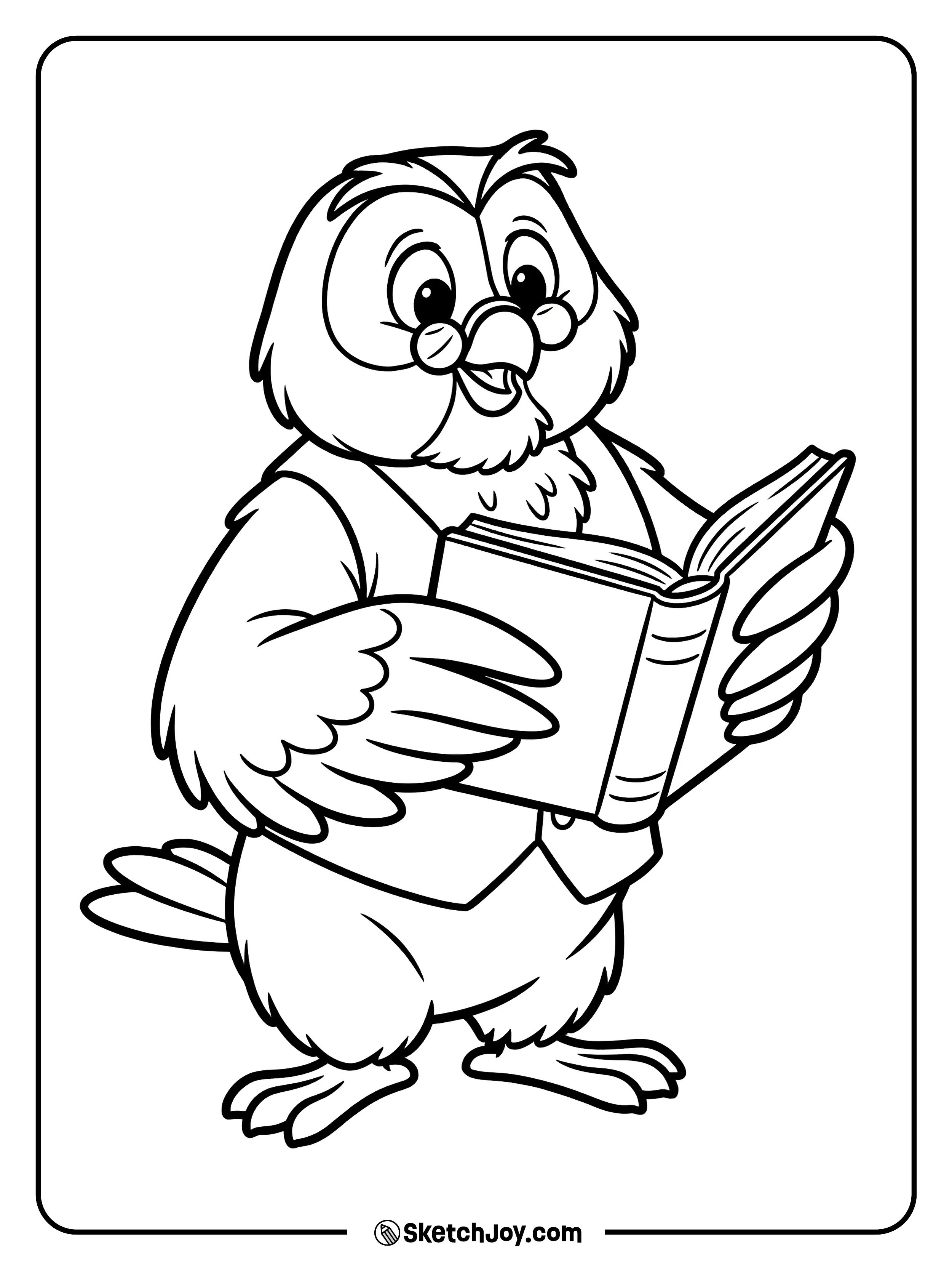 Owl holds an open book like he is about to read.