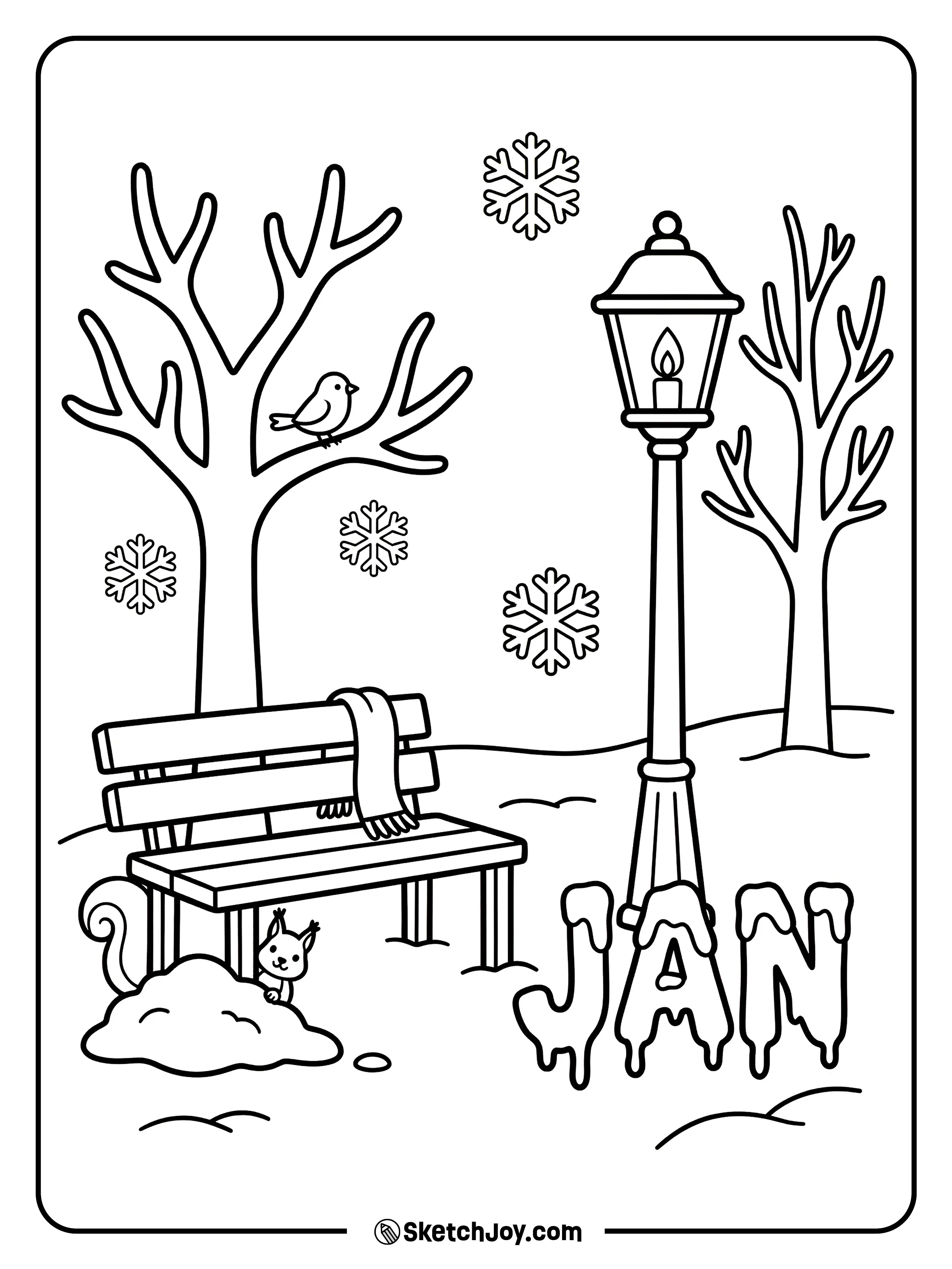 A bench sits under a lamp with JAN in snow-drip letters.