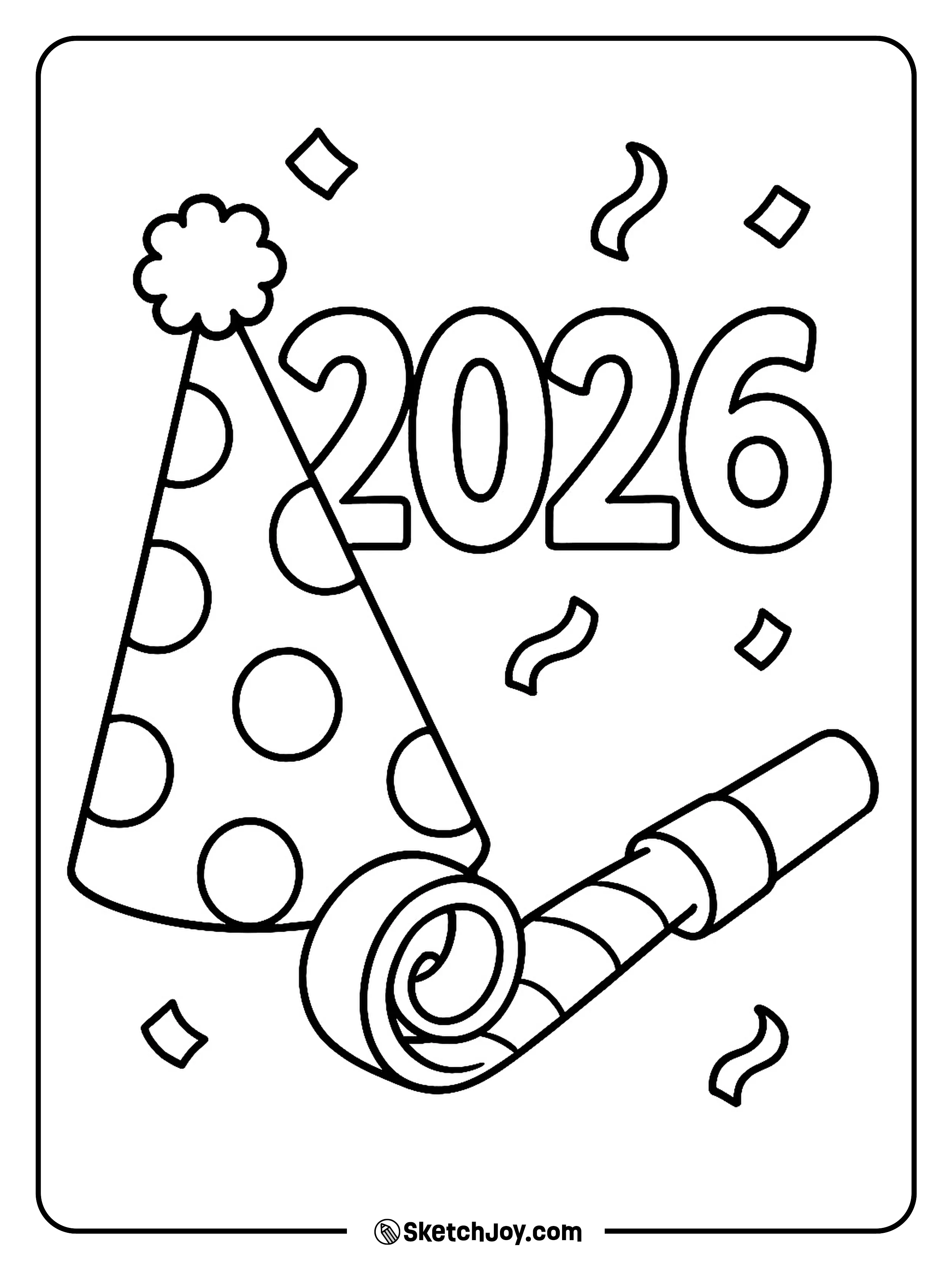 A fun party hat and noisemaker sit by a 2026 sign.